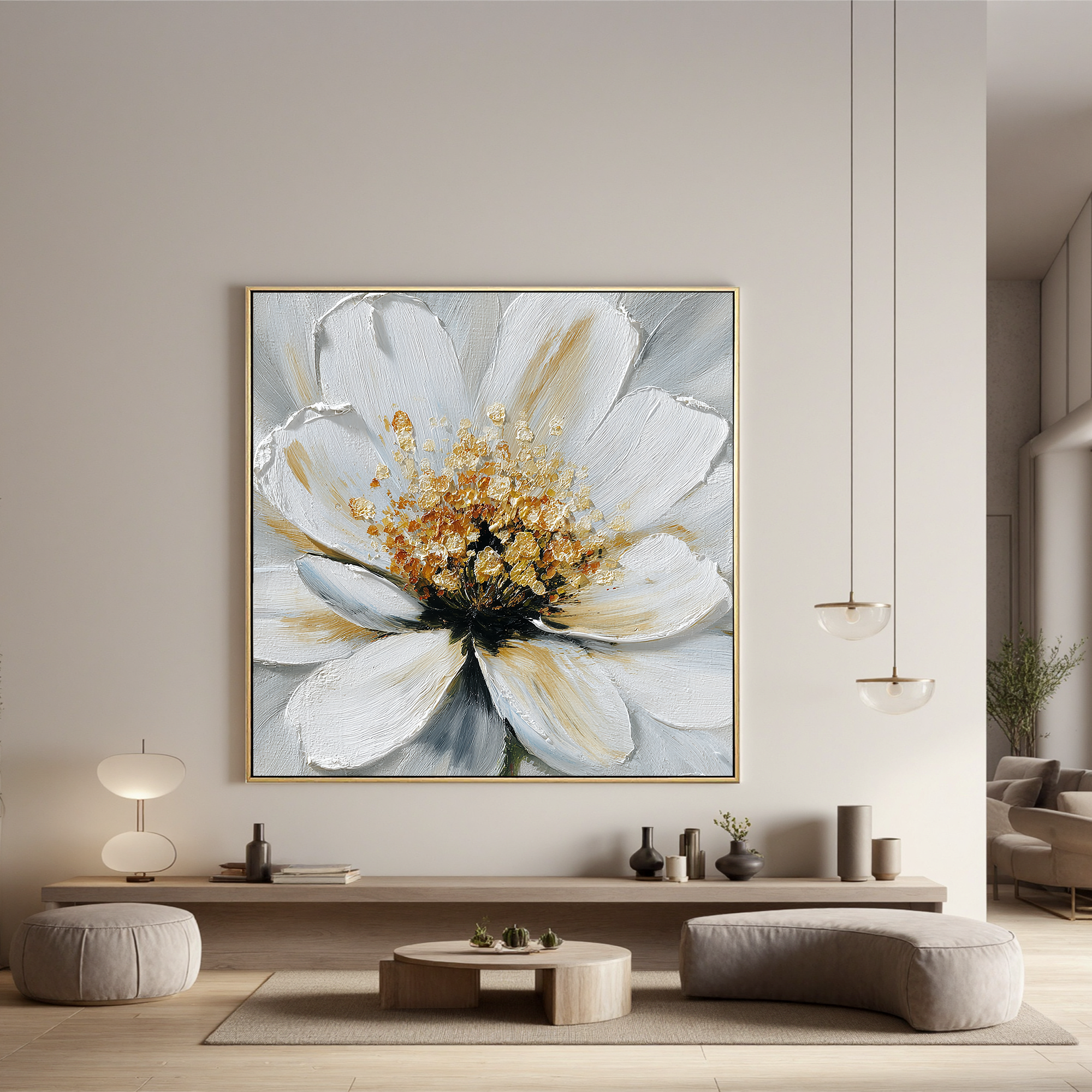 White Flower Canvas Wall Art – Elegant Floral Painting with Gold Texture for Modern Home Decor#OA 0847