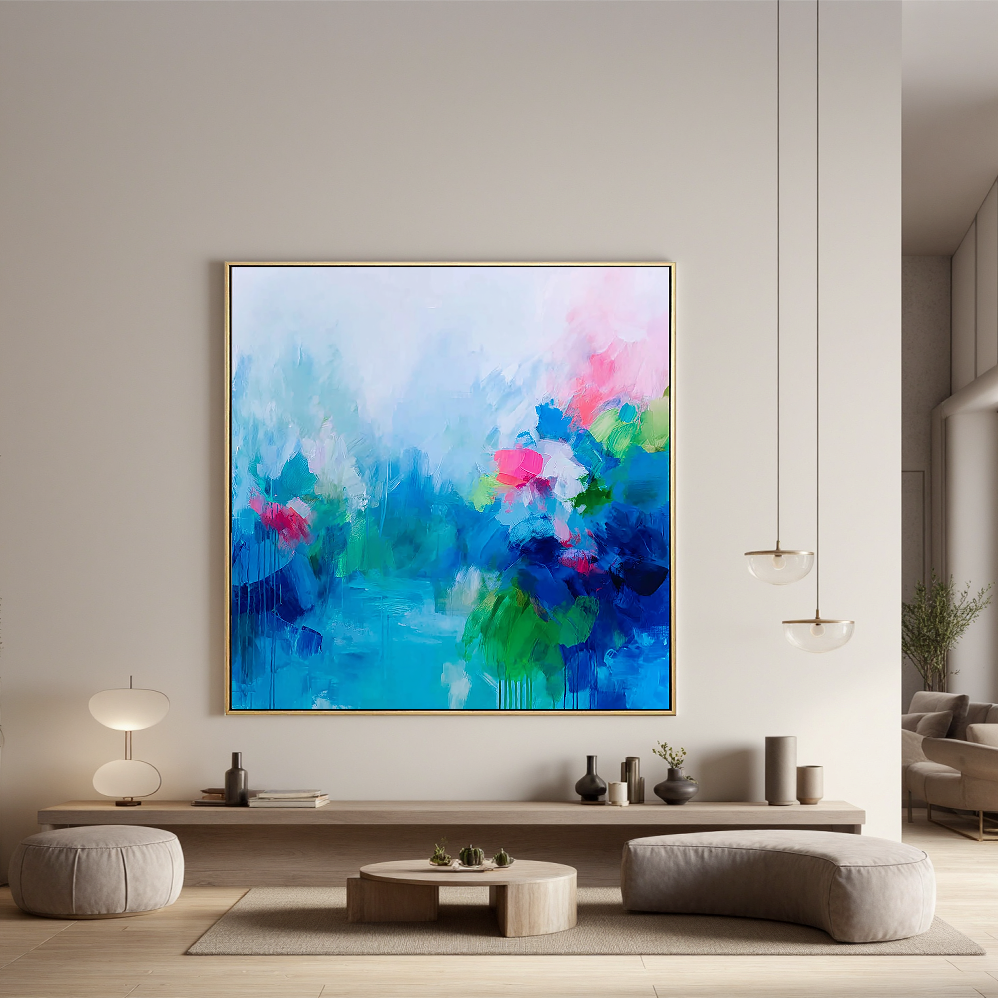 Abstract Blue Floral Oil Painting Canvas – Soft Misty Flower Wall Art for Living Room Modern Home Decor#OA 0493