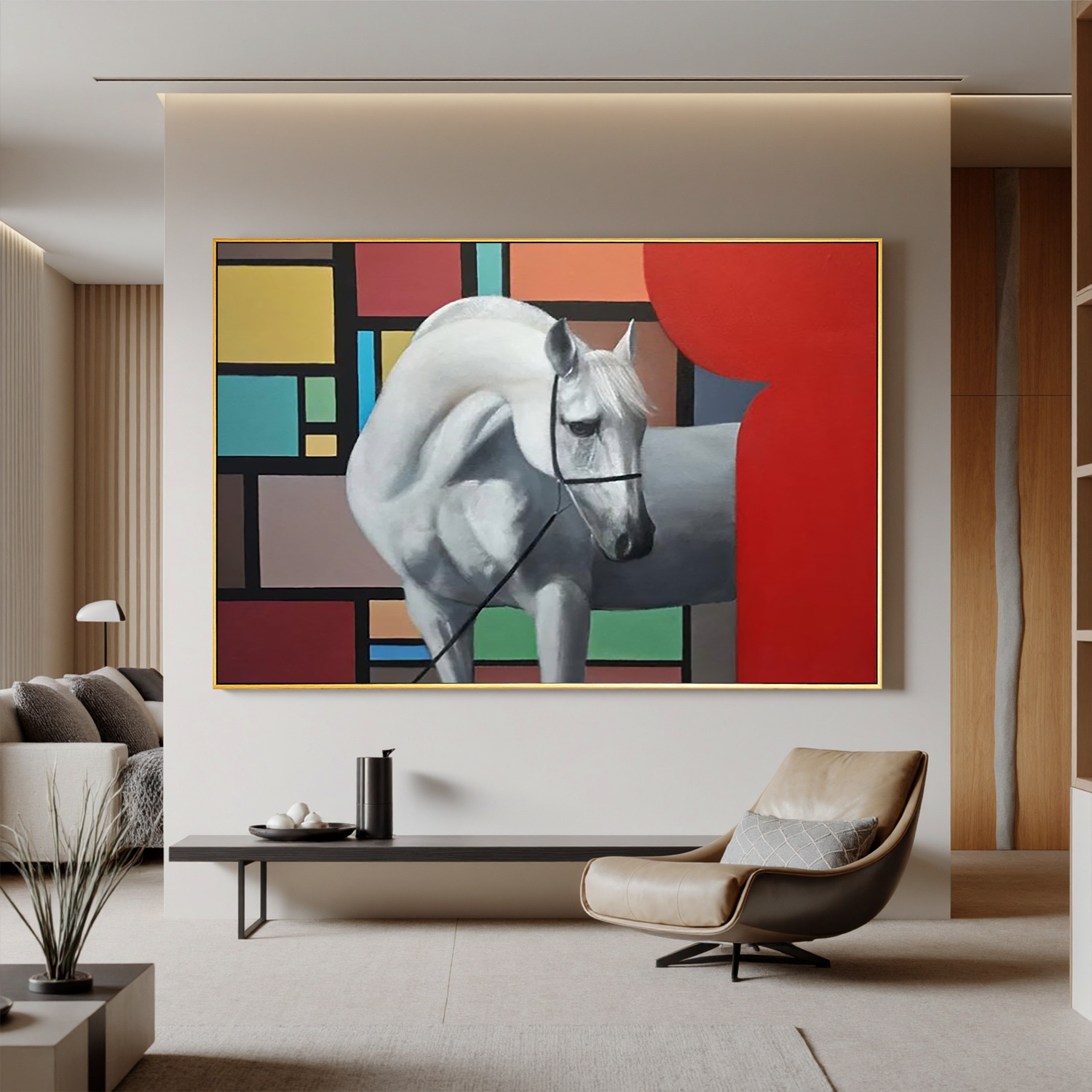 White Horse and Color Blocks-Modern White Horse Abstract Wall Art
