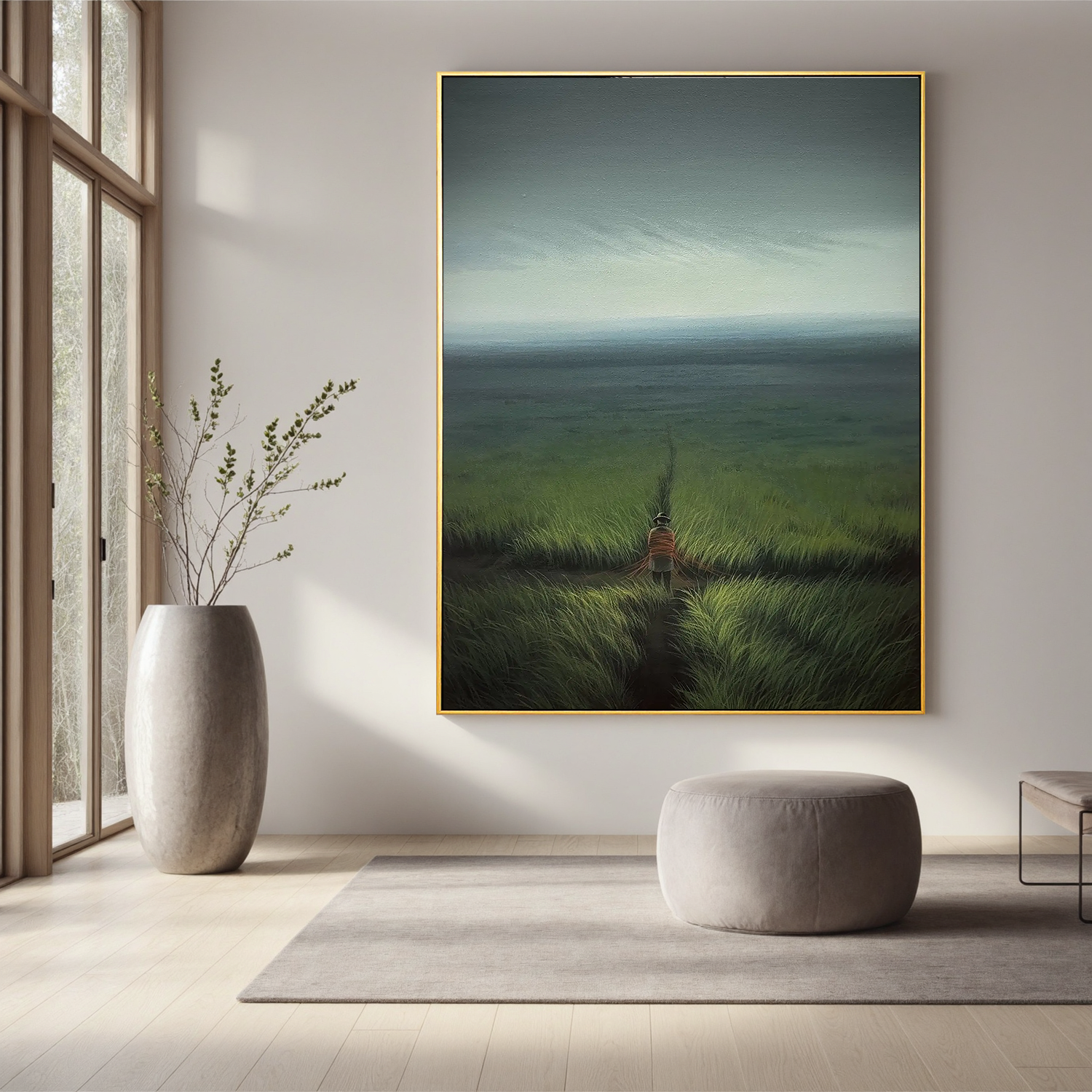 Solitary Figure Walking Through Coastal Grassland Wall Art, Serene Ocean Landscape Canvas Painting for Living Room Decor #OA 0737