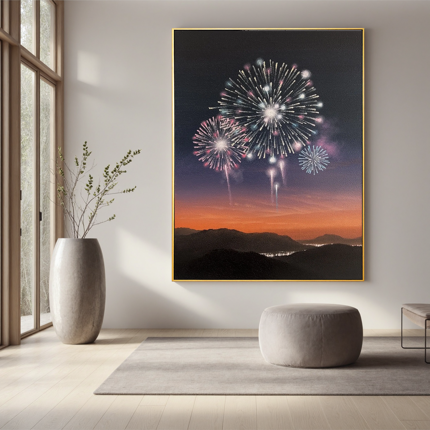 Fireworks Over Mountain Sunset Wall Art, Celebration Night Sky Canvas Painting for Living Room Decor #OA 0758