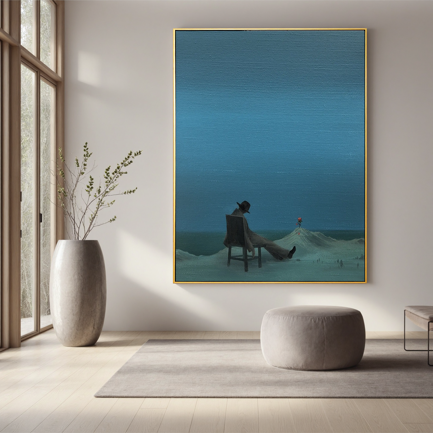 Surreal Minimalist Wall Art, Lonely Man with Red Flower Canvas Painting for Modern Living Room Decor #OA 0763