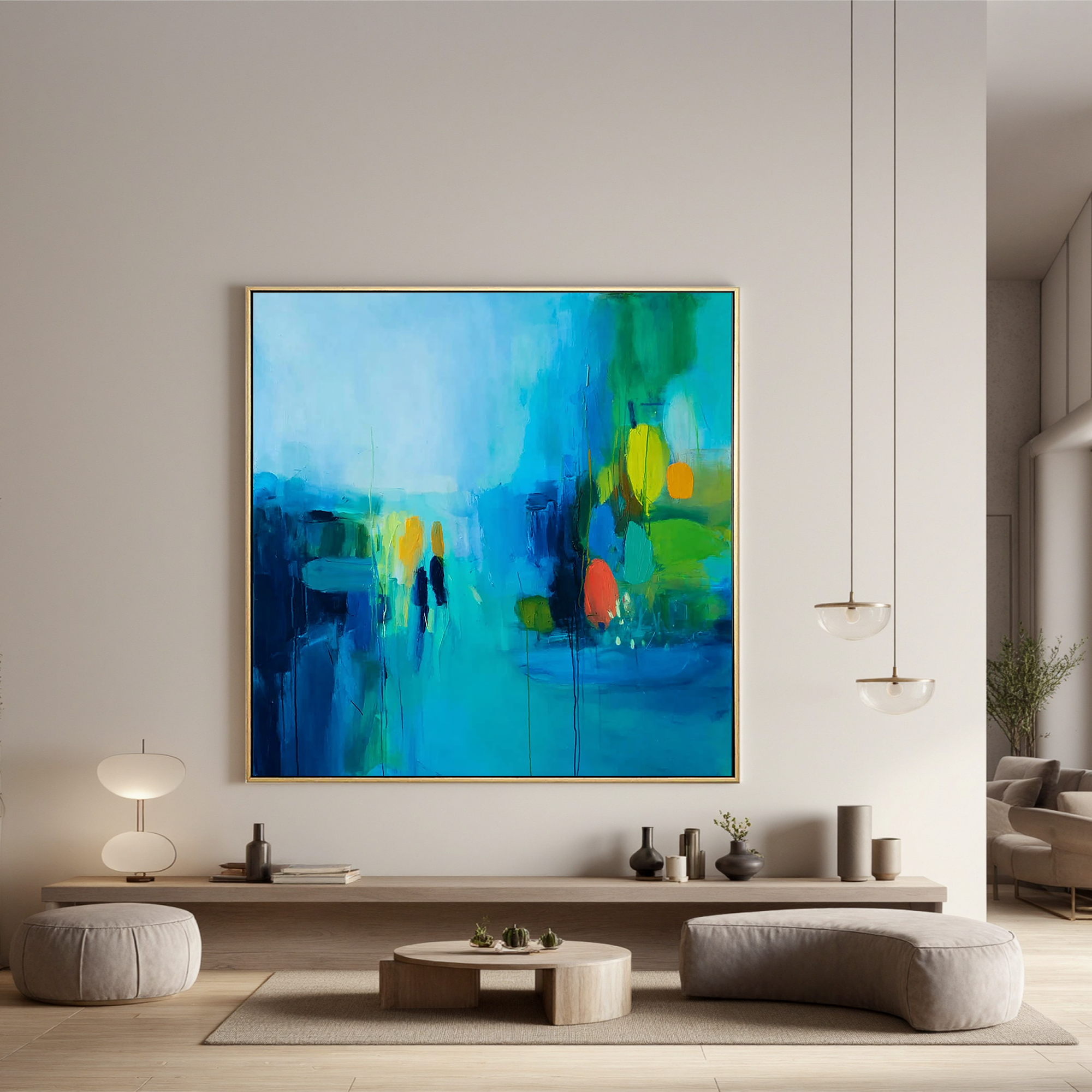 Abstract Blue Cityscape Oil Painting Canvas – Modern Figurative Wall Art for Living Room Contemporary Home Decor#OA 0500