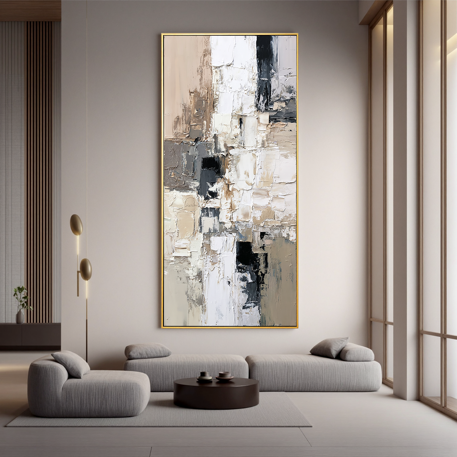 Vertical Neutral Abstract Canvas Wall Art – Textured Black White Beige Painting for Modern Home Decor#OA 0875