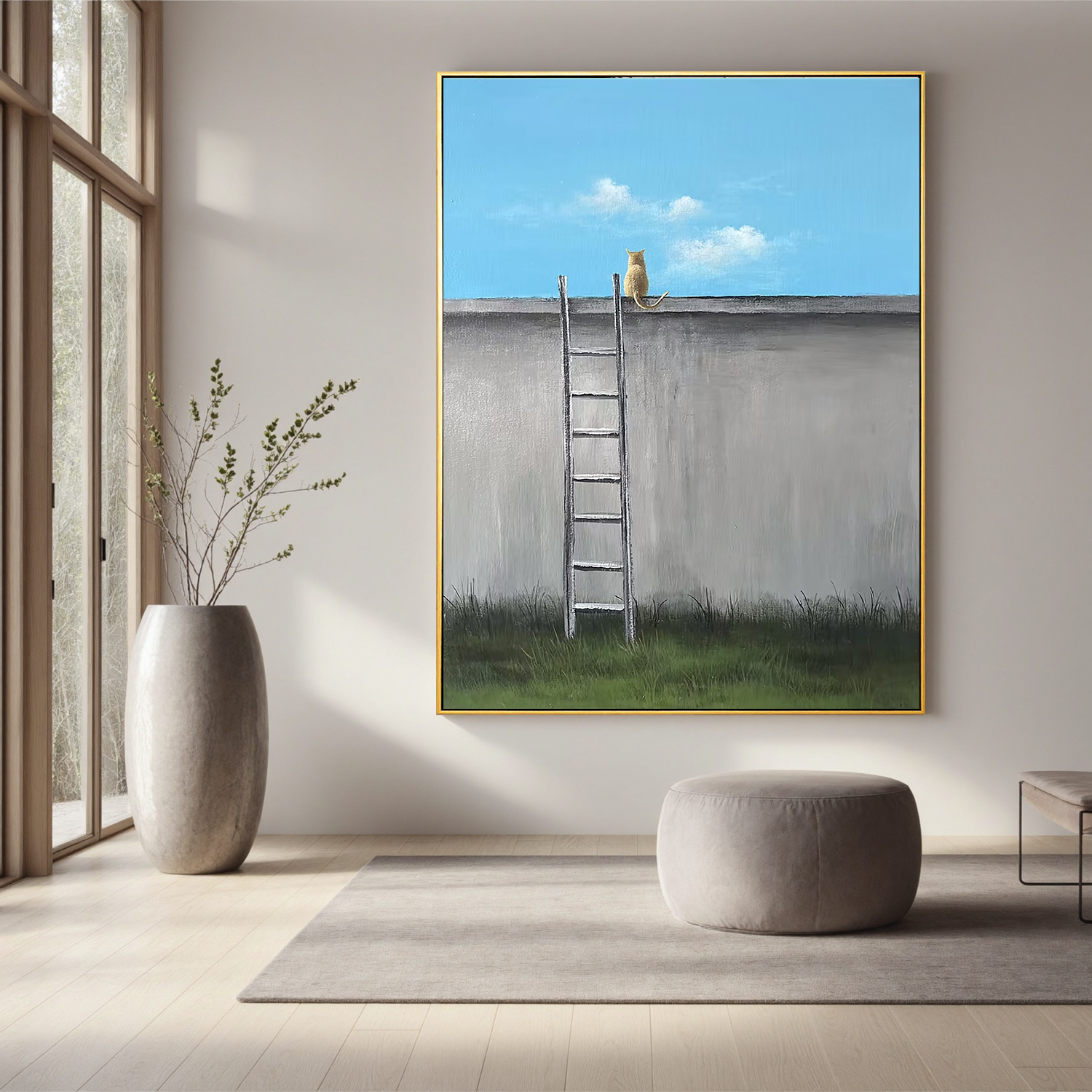 Minimalist Cat on Wall with Ladder Wall Art, Nordic Style Animal Canvas Painting for Living Room Decor #OA 0778