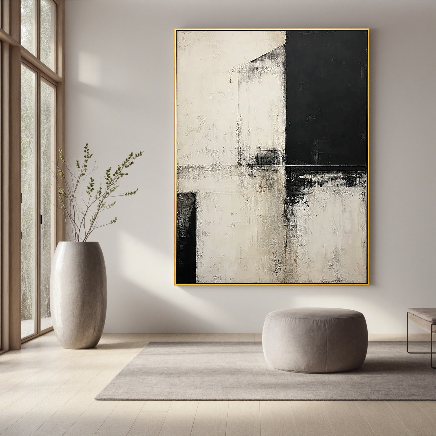 Black and White Abstract Oil Painting Canvas – Minimalist Geometric Wall Art for Modern Living Room Decor#OA 0548