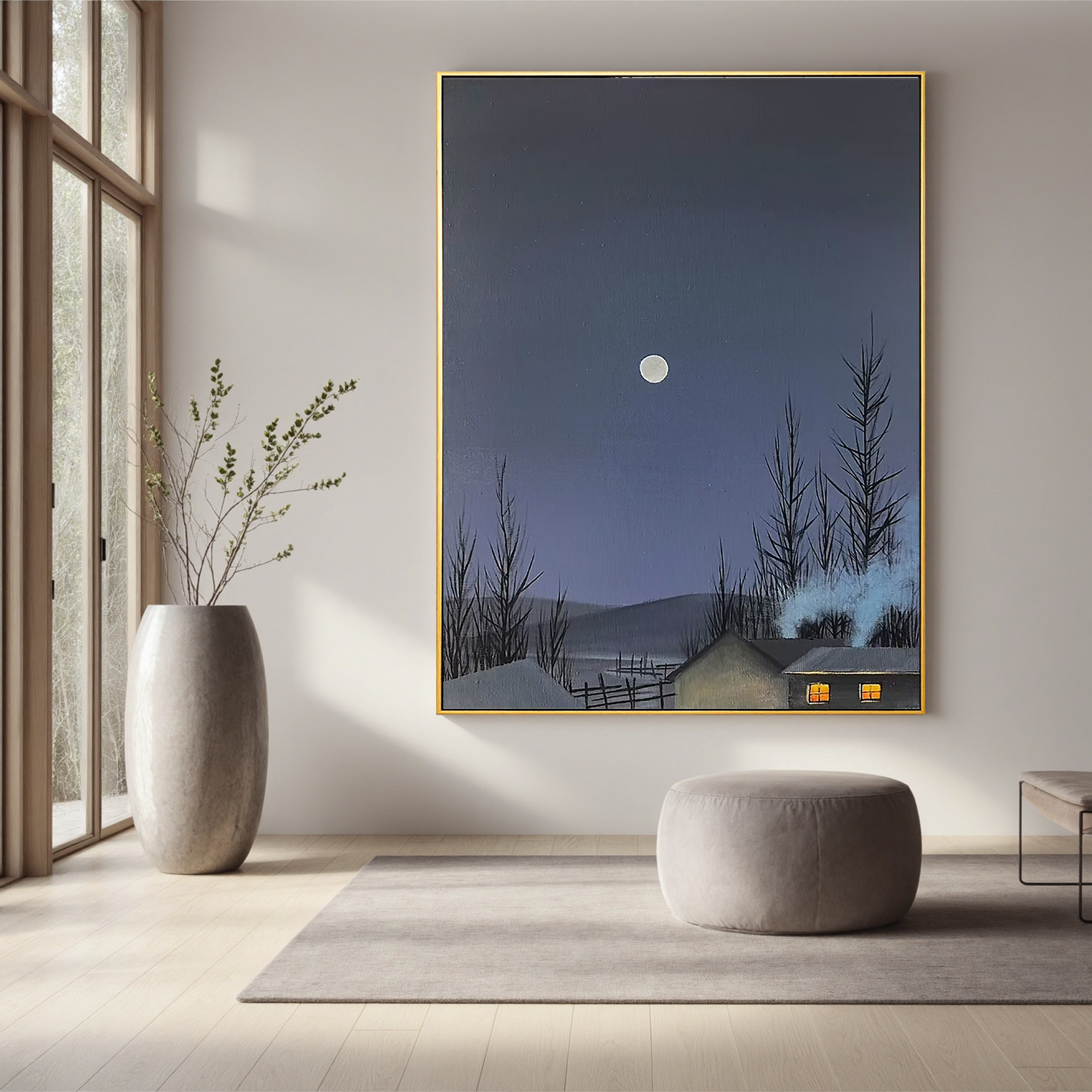 Moonlit Winter Cabin Wall Art – Snowy Night Landscape Canvas Painting for Living Room Decor #OA 0817