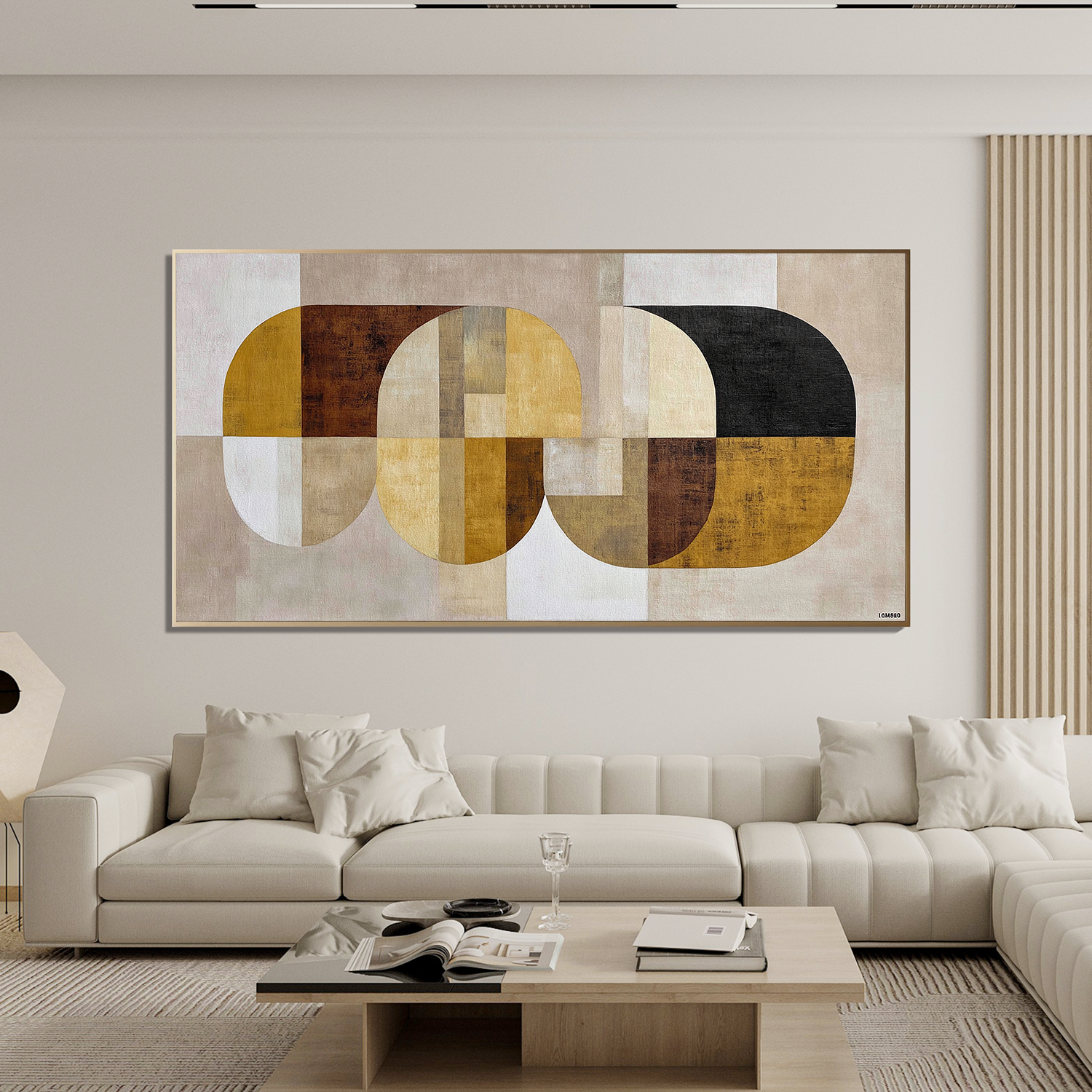 Mid Century Modern Geometric Abstract Canvas Wall Art – Neutral Beige Mustard Yellow Horizontal Painting for Living Room Decor#OA 0865