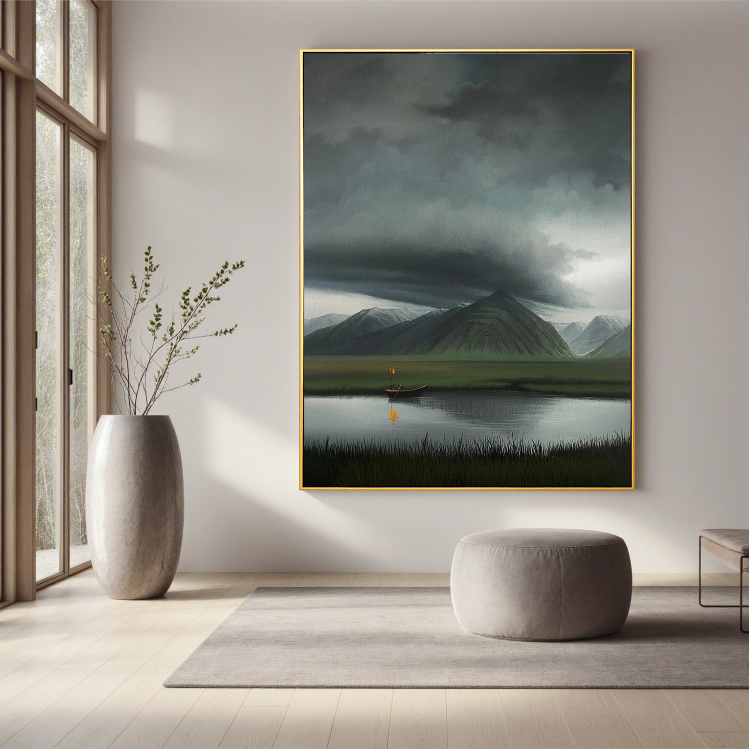 Moody Mountain Lake Wall Art with Boat and Lantern, Dramatic Storm Cloud Landscape Canvas for Living Room Decor #OA 0747