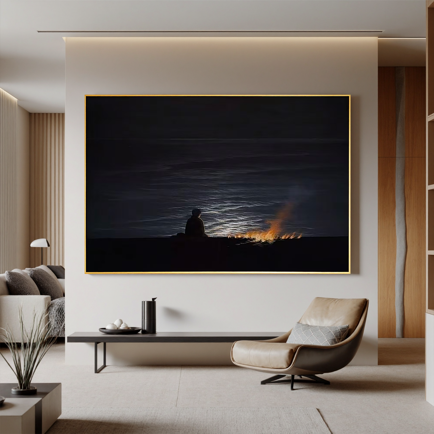 Moonlit Seascape Wall Art, Solitary Figure by Bonfire at Night Ocean Canvas Painting for Living Room Decor #OA 0730