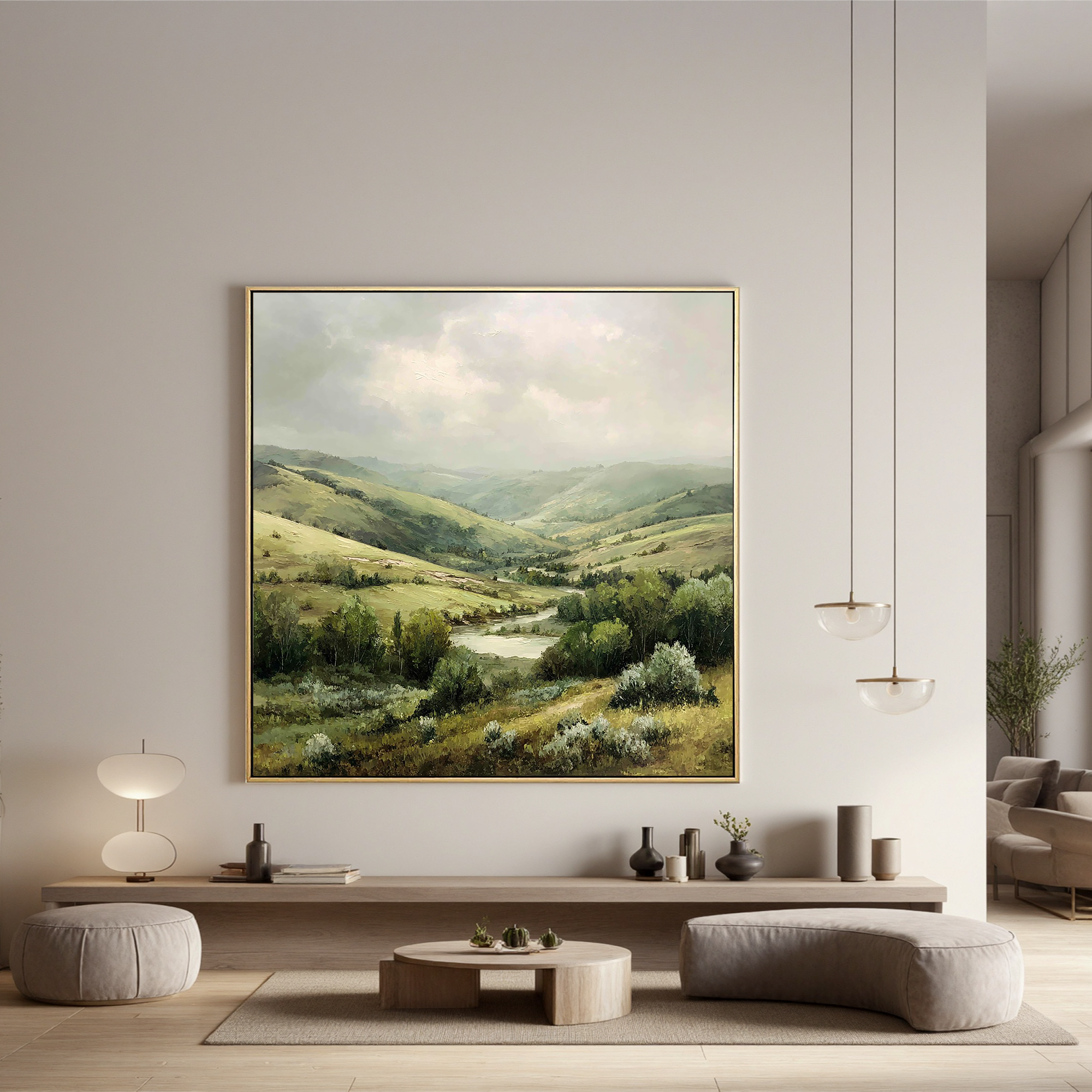Serene Valley Landscape Canvas Wall Art – Rolling Hills River Nature Painting for Living Room Decor#OA 0868