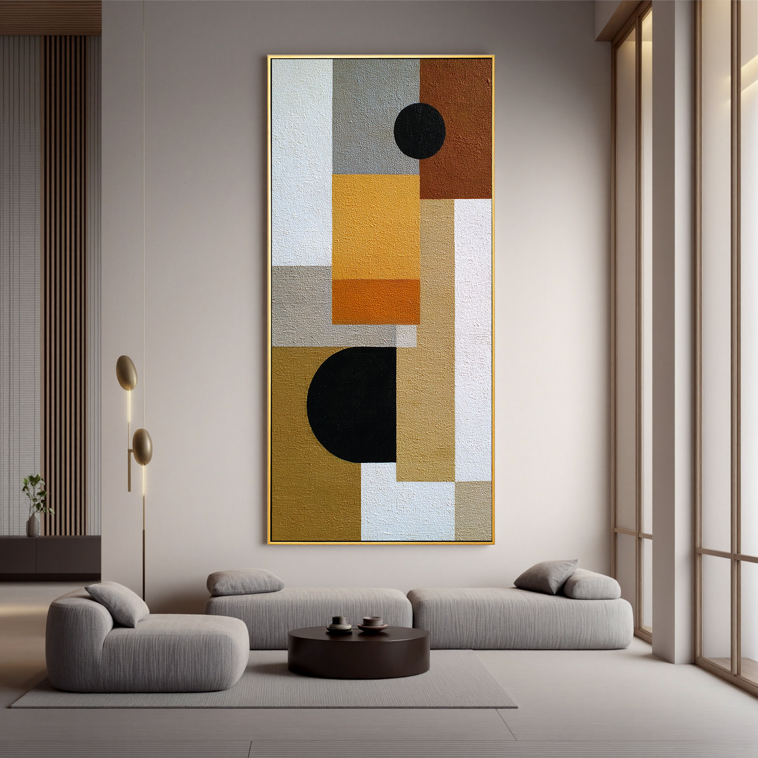 Mid Century Modern Geometric Abstract Canvas Wall Art – Neutral Beige and Mustard Yellow Vertical Painting for Living Room Decor#OA 0864