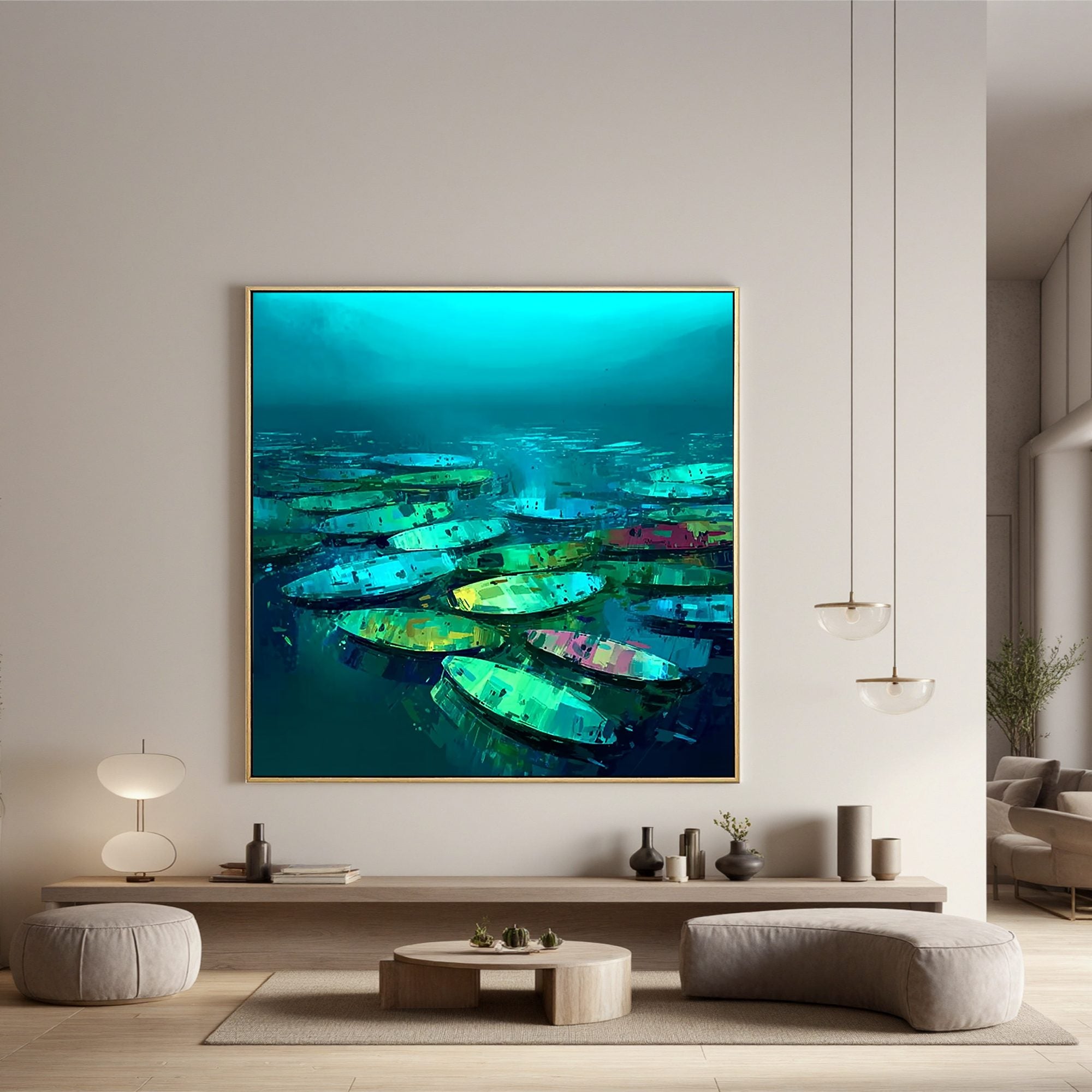Modern Abstract Boat Painting on Water | Blue Green Lake Boat Wall Art | Large Hand Painted Contemporary Canvas Artwork#OA 0429