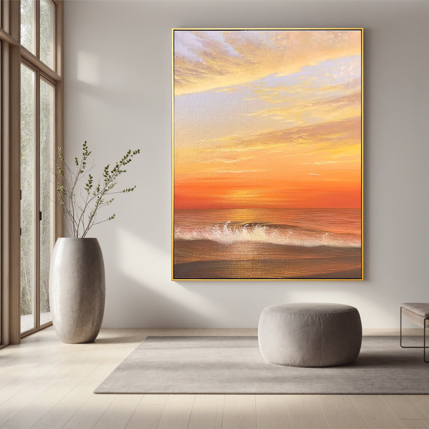 Golden Ocean Sunset Wall Art, Seascape Canvas Painting with Waves for Living Room and Bedroom Decor #OA 0775