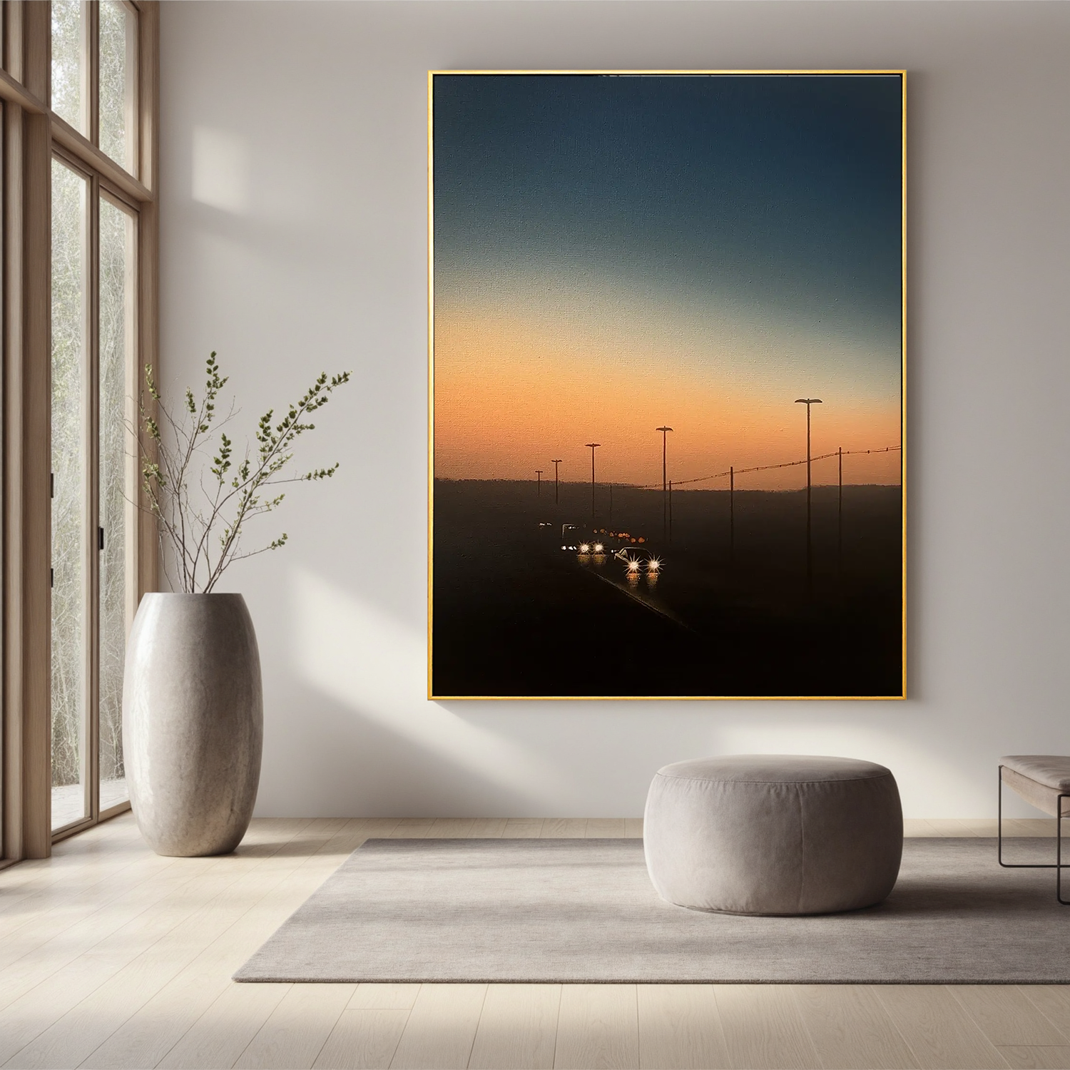 Sunset Highway Wall Art with Car Lights, Cinematic Dusk Road Landscape Canvas for Modern Living Room Decor #OA 0751