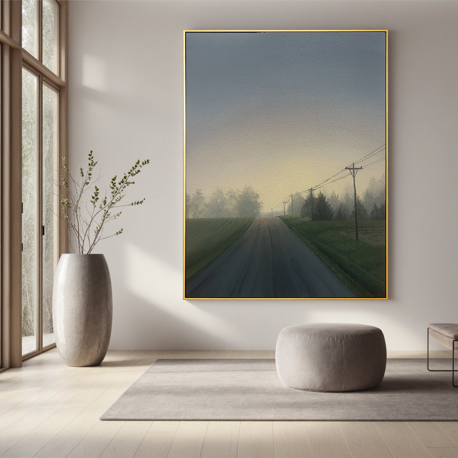 Misty Country Road Landscape Wall Art, Foggy Morning Rural Canvas Painting for Living Room Decor #OA 0759