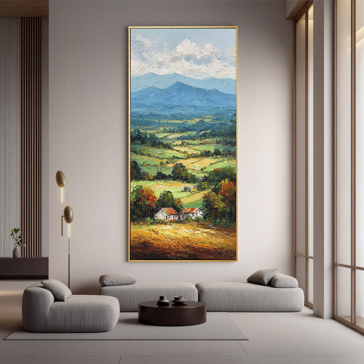 Vertical Countryside Landscape Oil Painting – Rustic Mountain Valley Canvas Wall Art#OA 0891