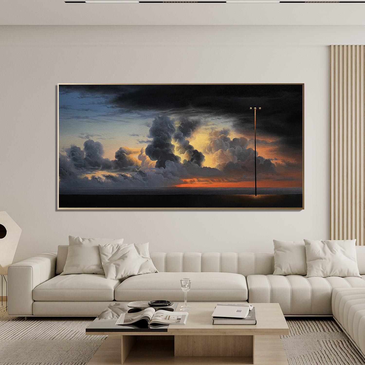 Dramatic Sunset Seascape Wall Art with Lone Streetlight, Panoramic Moody Cloud Landscape Canvas for Living Room Decor #OA 0734