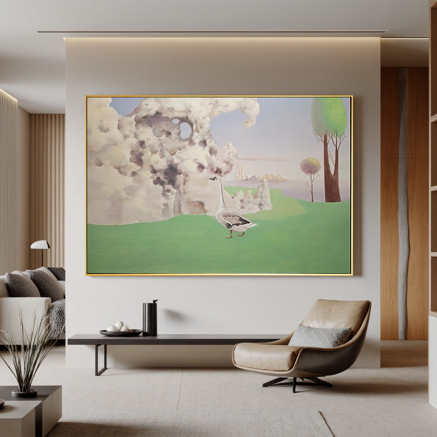 Goose in a Dream Field-Surreal Goose Landscape Wall Art