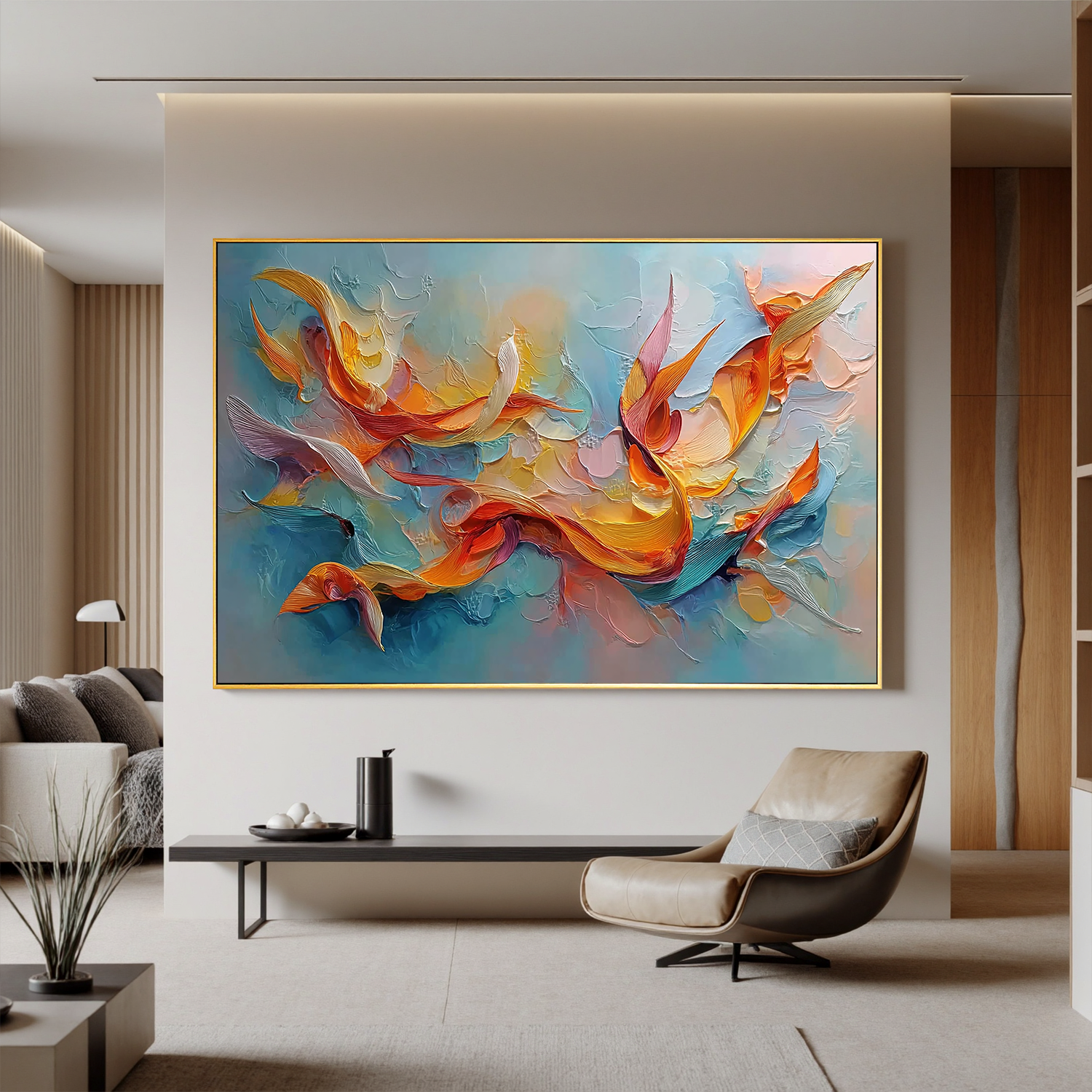 Abstract Fluid Oil Painting Canvas – Modern Orange Blue Wall Art for Living Room Contemporary Home Decor #OA 0472