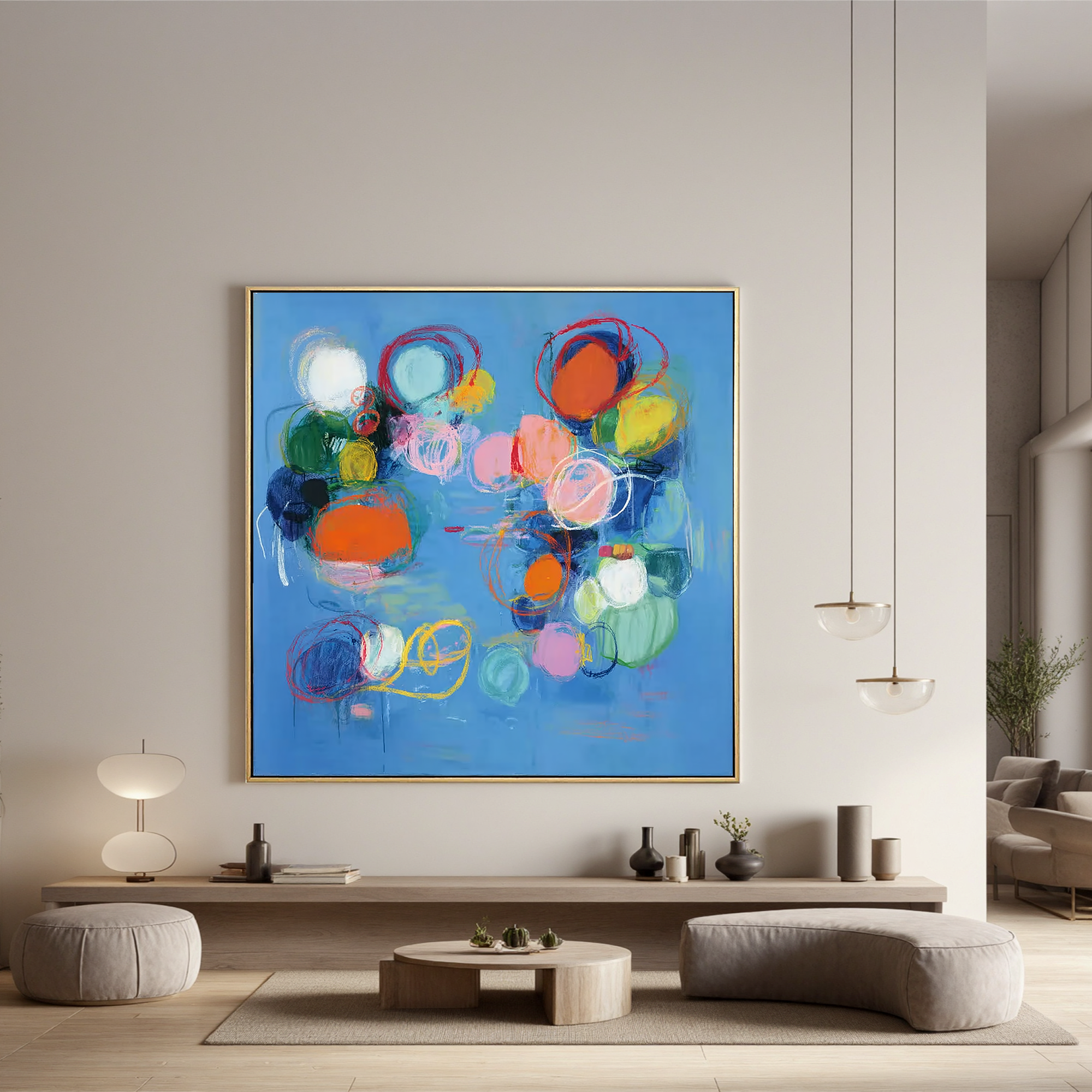 Abstract Blue Modern Oil Painting Canvas – Colorful Circle Wall Art for Living Room Contemporary Home Decor#OA 0474