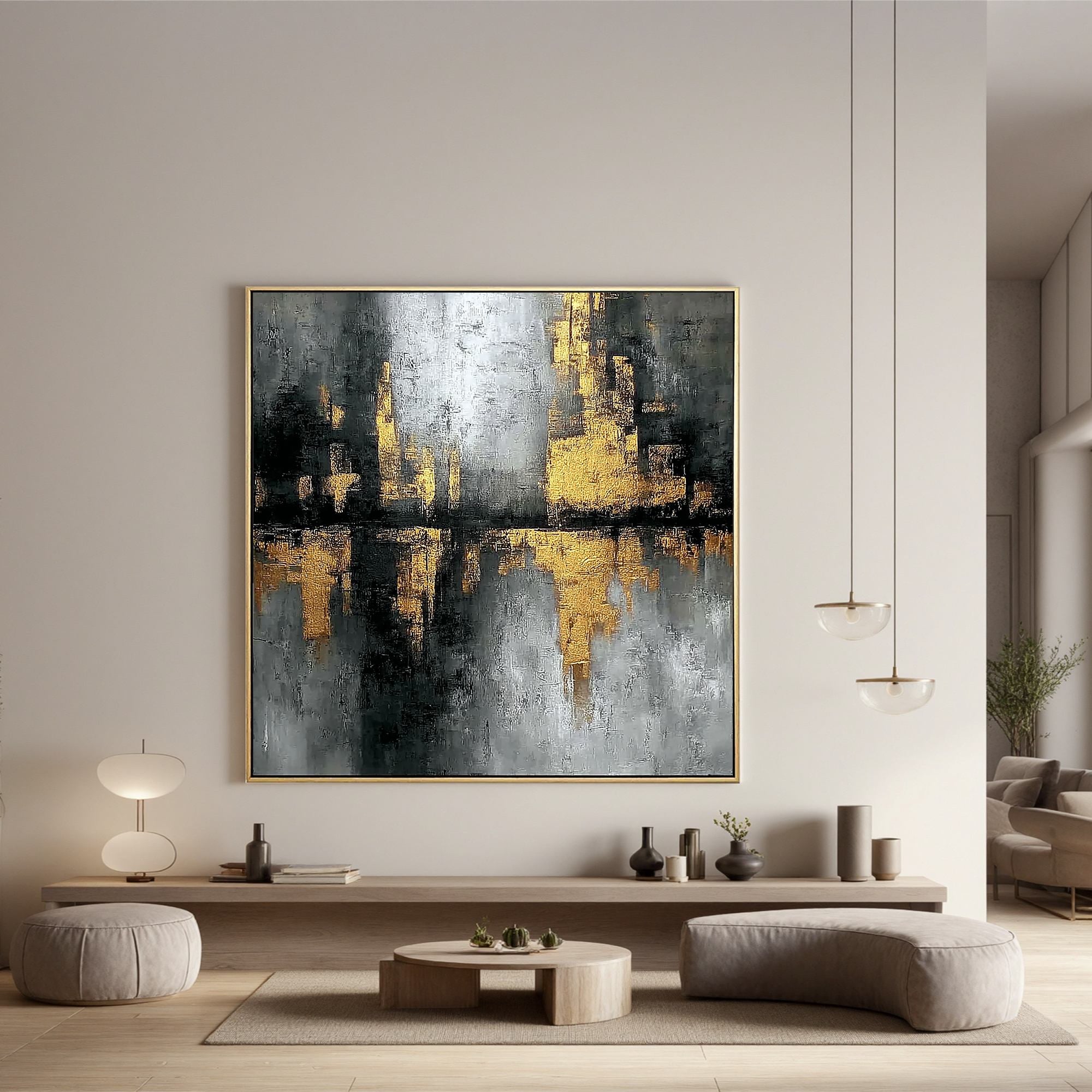 Black and Gold Abstract Cityscape Wall Art, Luxury Textured Canvas Painting for Modern Living Room Décor #OA 0410