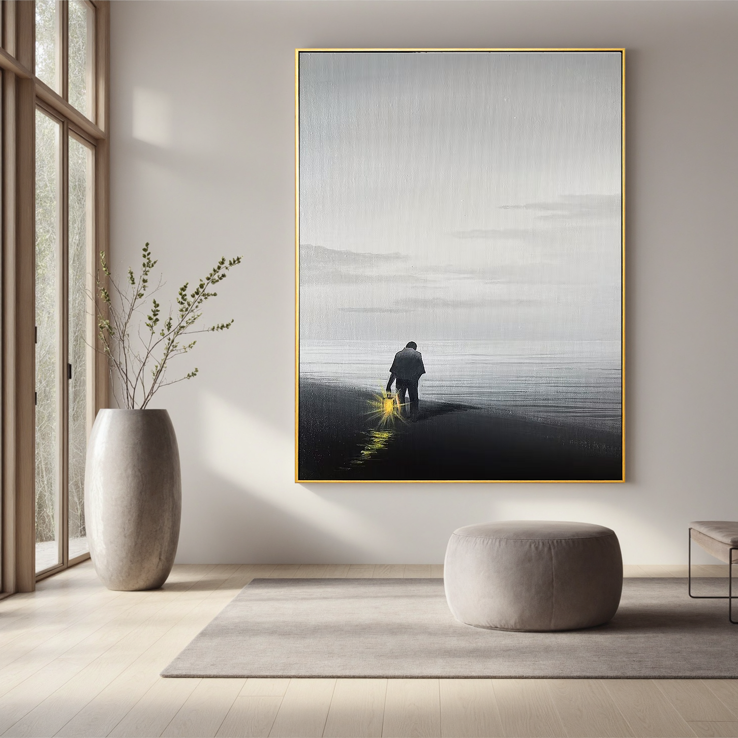 Solitary Figure with Lantern Beach Wall Art, Minimalist Black and White Seascape Canvas Painting for Living Room Decor #OA 0777