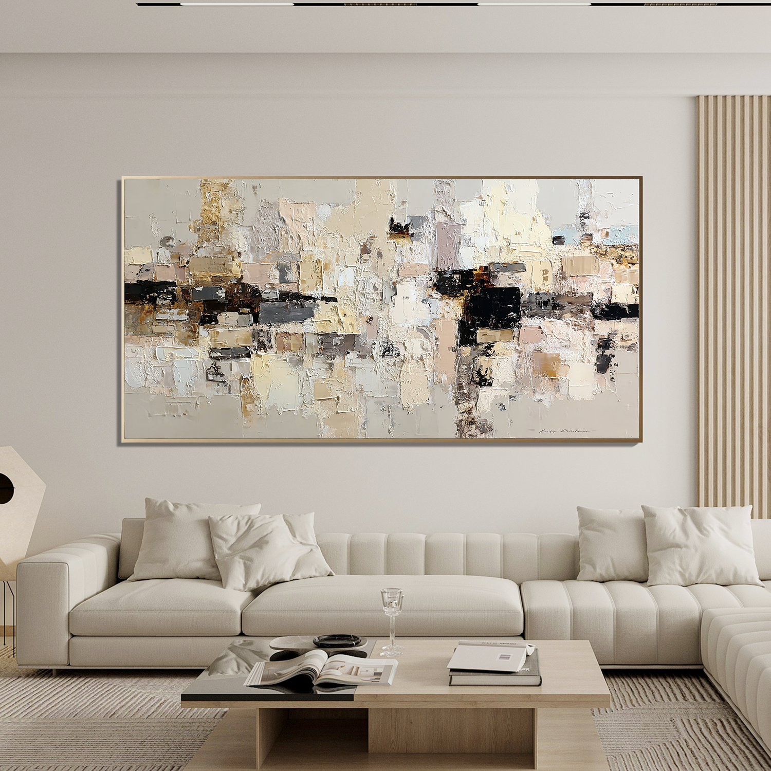 Large Neutral Textured Abstract Canvas Wall Art – Beige Cream Collage Painting for Modern Living Room Decor#OA 0881