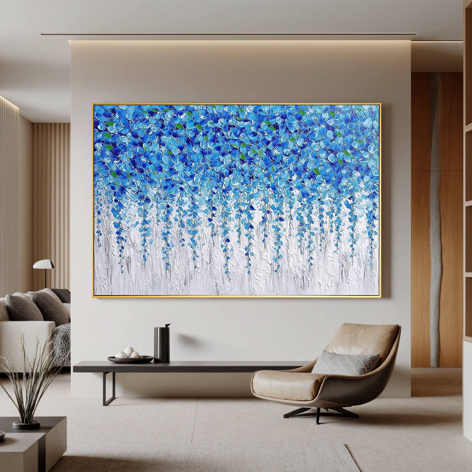 Blue Floral Abstract Wall Art, Textured Flower Cascade Canvas Painting for Living Room Décor #OA 0402