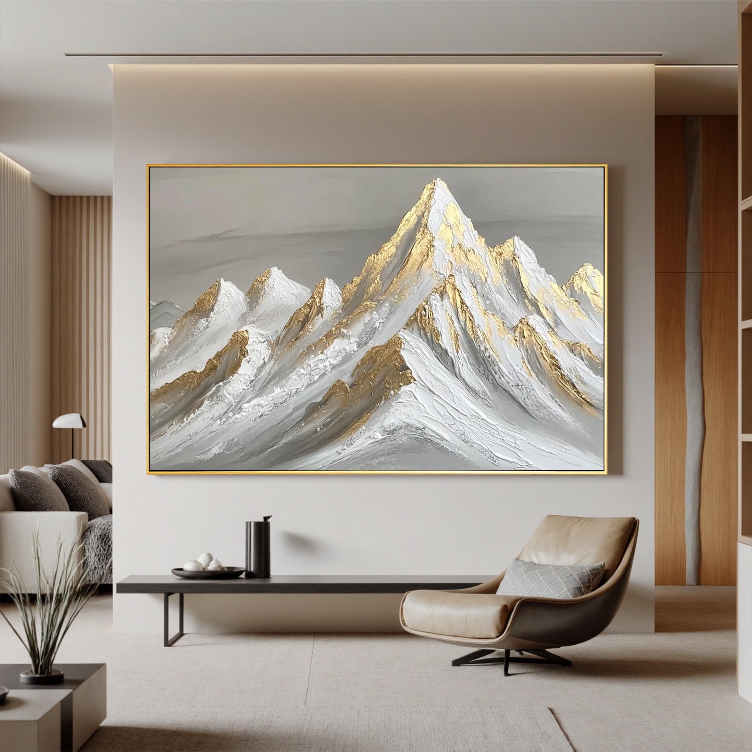 Gold Textured Mountain Oil Painting | Luxury Abstract Snow Mountain Wall Art for Modern Living Room #OA 0428