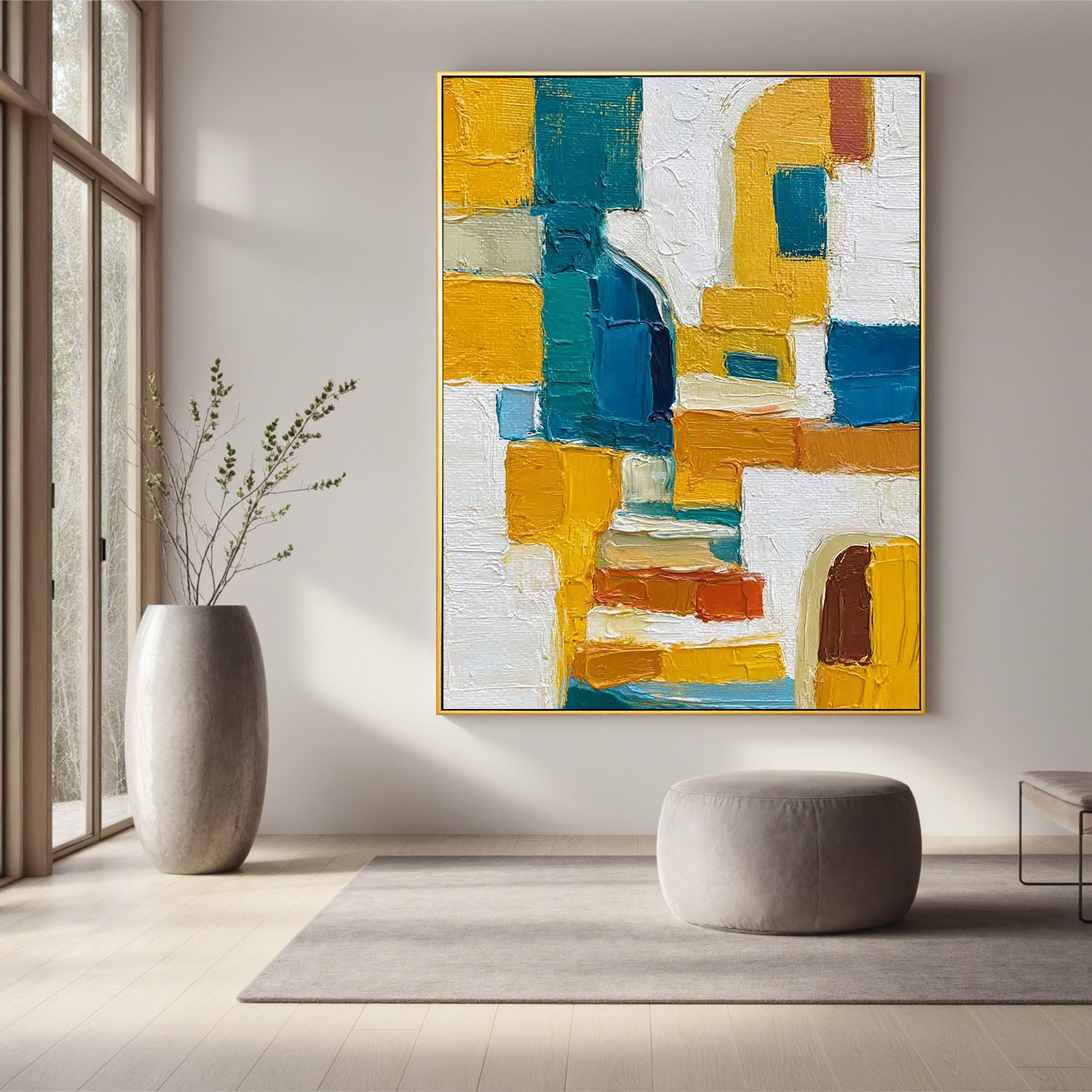 Abstract Geometric Oil Painting, Yellow and Blue Textured Wall Art for Living Room Decor#OA 0537