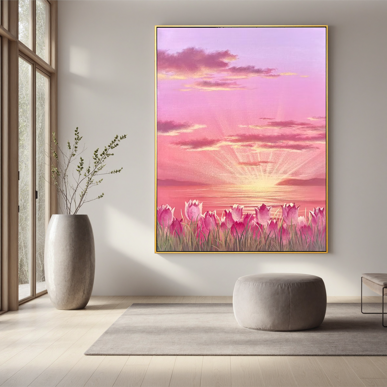 Pink Tulip Sunset Wall Art, Romantic Floral Landscape Canvas Painting, Dreamy Lake Sunrise Decor for Living Room Bedroom #OA 0785
