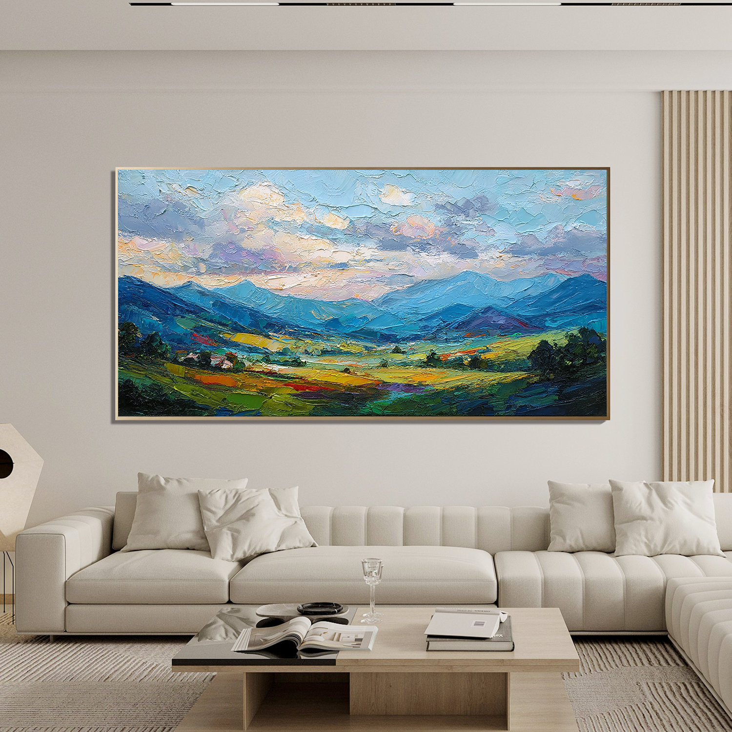 Large Colorful Mountain Landscape Oil Painting – Textured Panorama Canvas Wall Art for Living Room#OA 0888