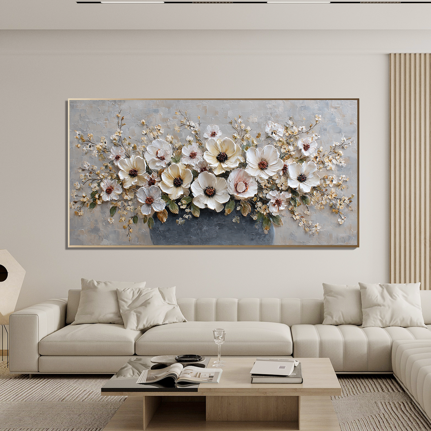 Large Floral Canvas Wall Art – Elegant White Flower Bouquet Painting in Vase for Living Room Decor#OA 0845