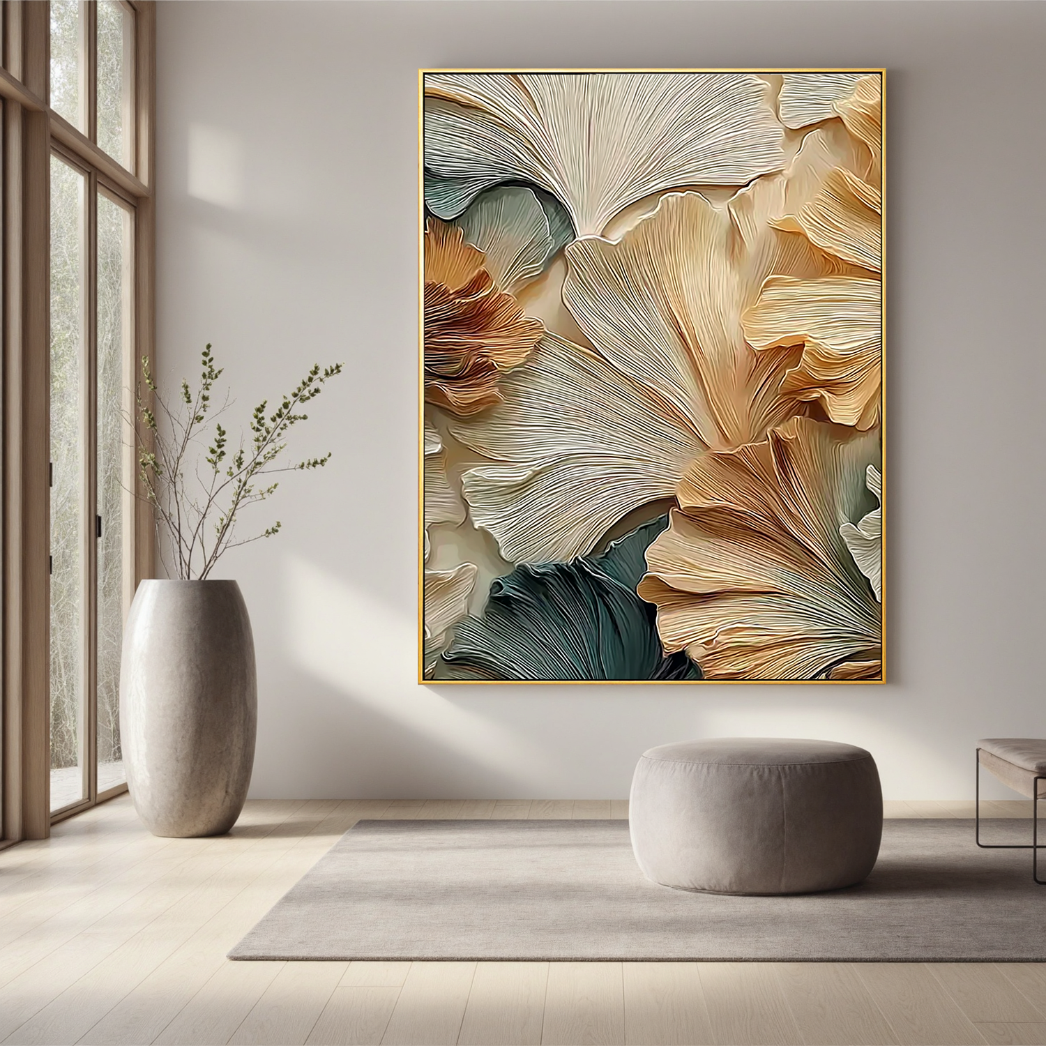 Textured Botanical Oil Painting, Abstract Golden Leaf Wall Art for Living Room Decor#OA 0544