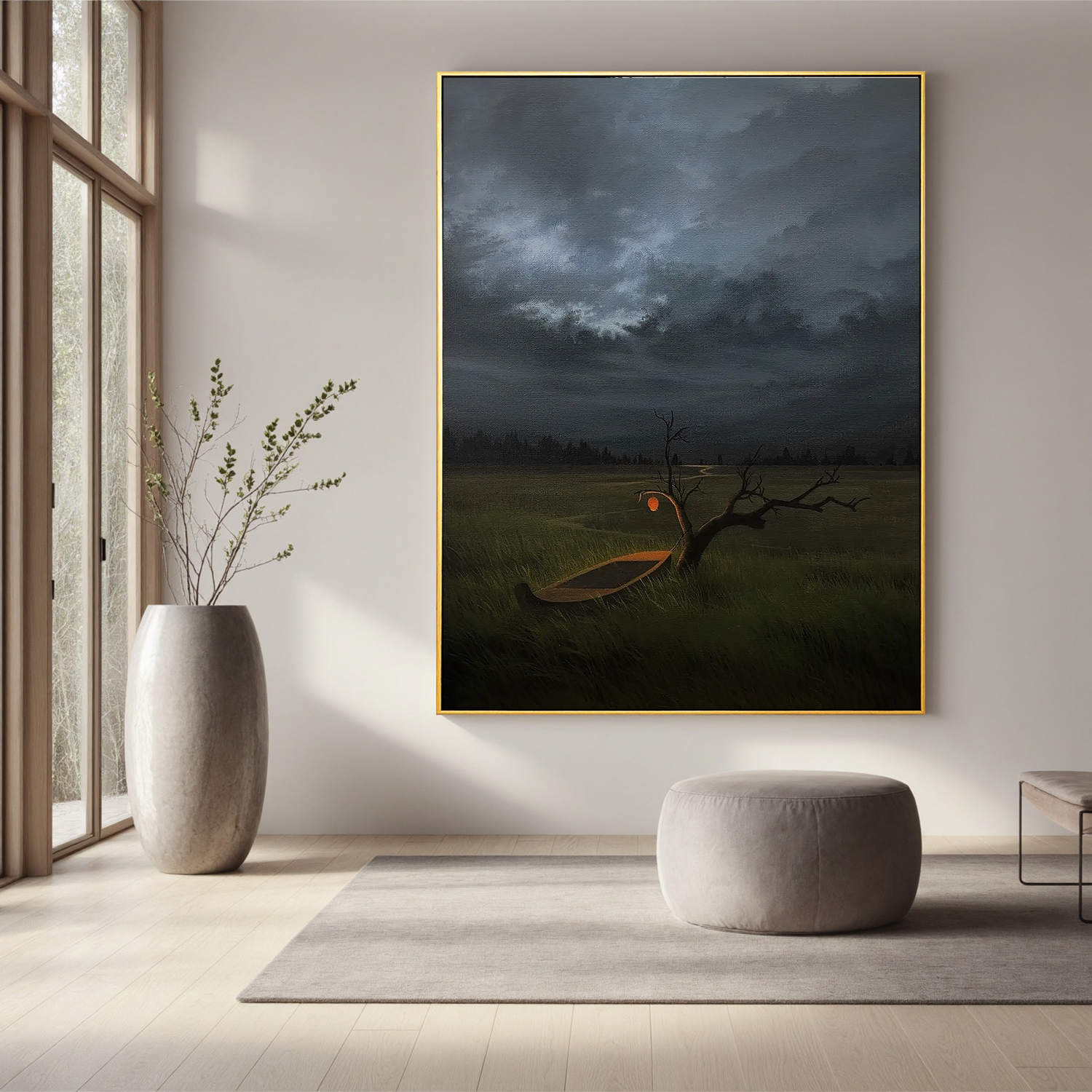 Moody Stormy Landscape Wall Art with Glowing Lantern and Boat, Surreal Lone Tree Meadow Canvas for Living Room Decor #OA 0738