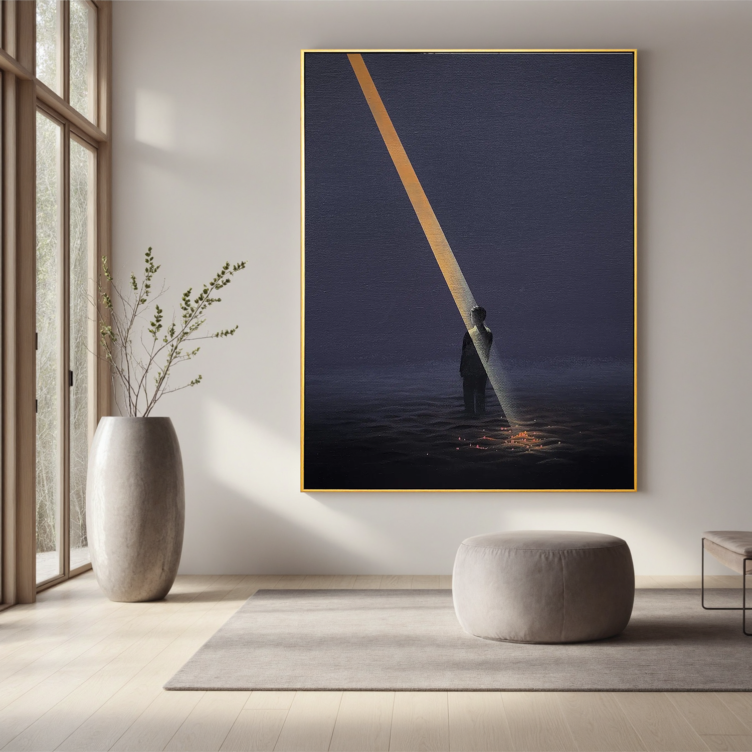 Surreal Beam of Light Wall Art, Solitary Figure in Dark Minimalist Landscape Canvas for Living Room Decor #OA 0739