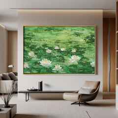 Green Lotus Pond Oil Painting, White Water Lily Wall Art for Living Room Decor#OA 0605