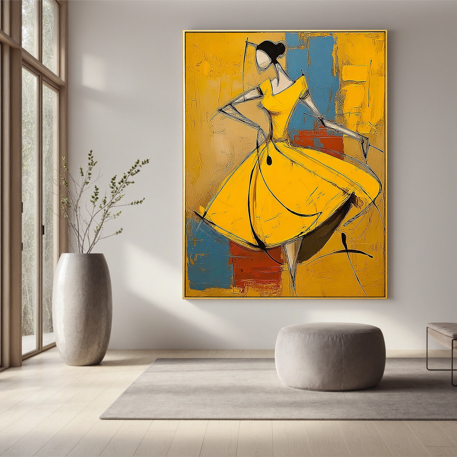 Yellow Dress Abstract Figure Oil Painting, Modern Woman Wall Art for Living Room Decor#OA 0529