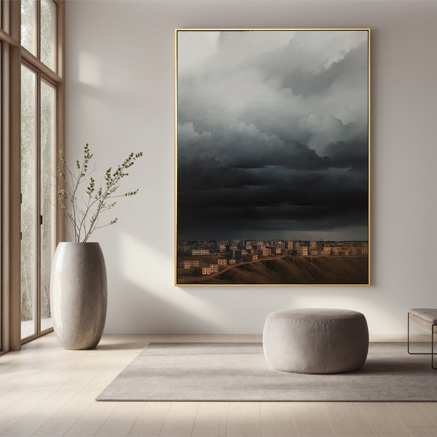 Dramatic Storm Clouds Over City Wall Art, Moody Urban Landscape Canvas Painting for Living Room Decor #OA 0760