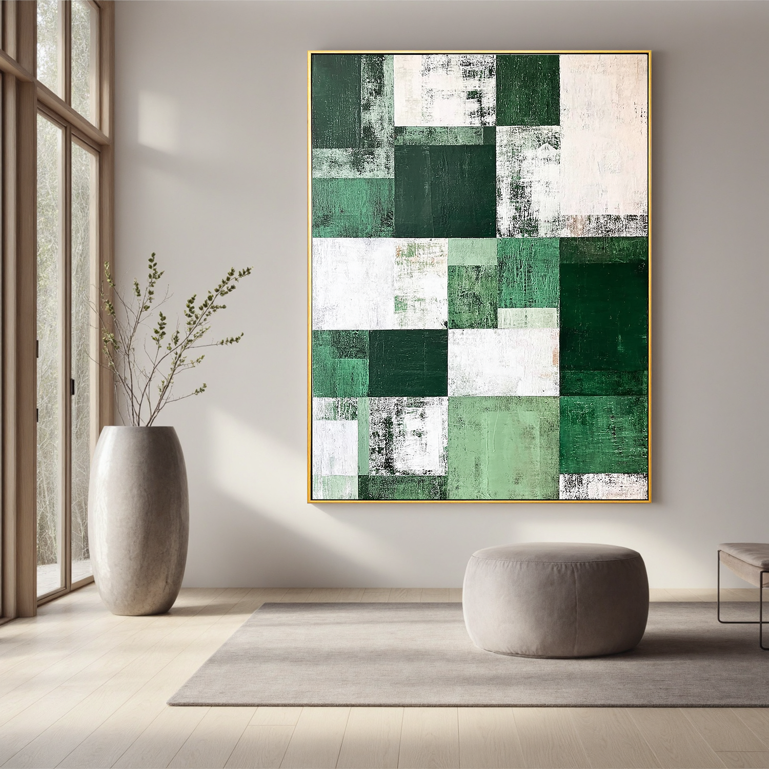 Green and White Abstract Oil Painting, Minimalist Geometric Wall Art for Living Room Decor#OA 0567