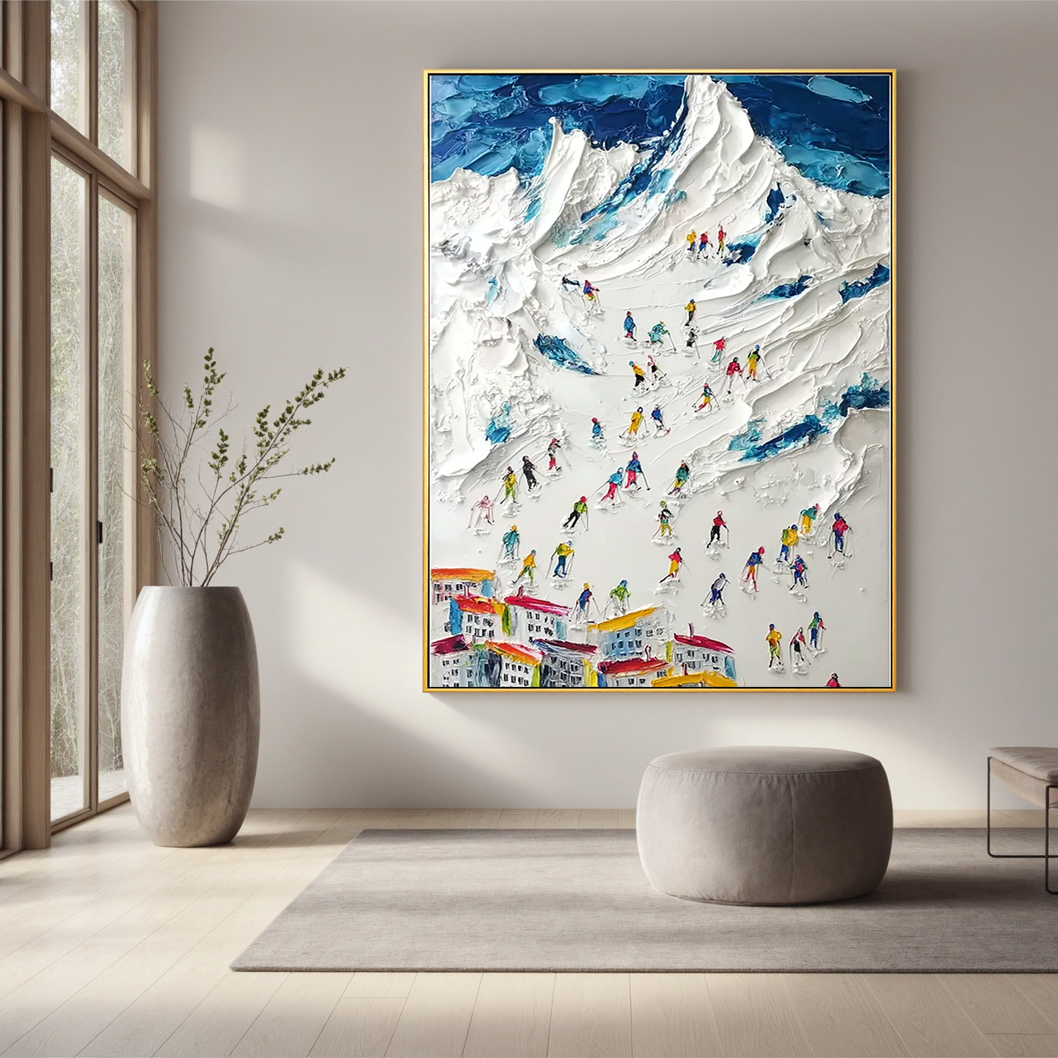 Large Textured Ski Mountain Oil Painting, Snowy Alpine Wall Art for Living Room Decor #OA 0546