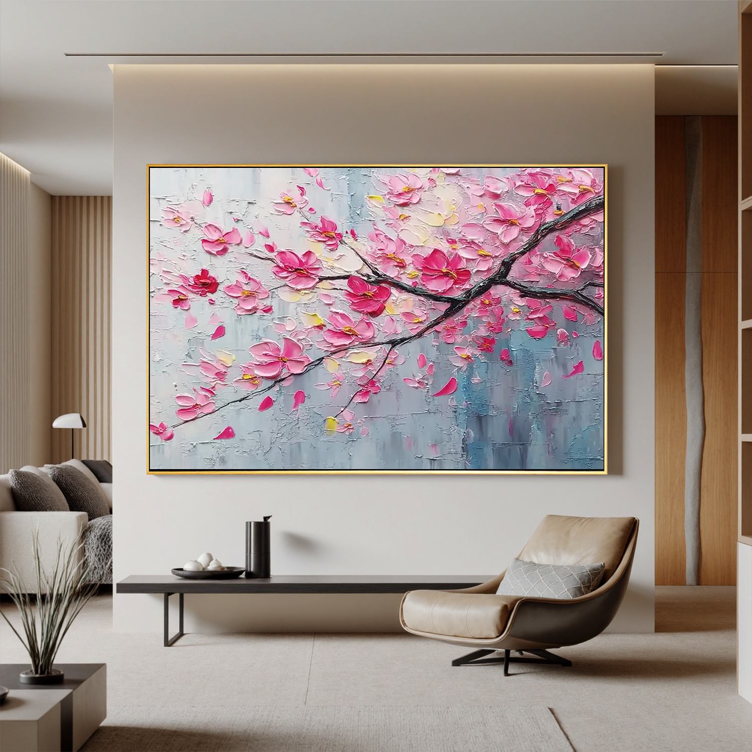 Cherry Blossom Branch Wall Art, Pink Textured Floral Canvas Painting for Living Room Décor #OA 0420