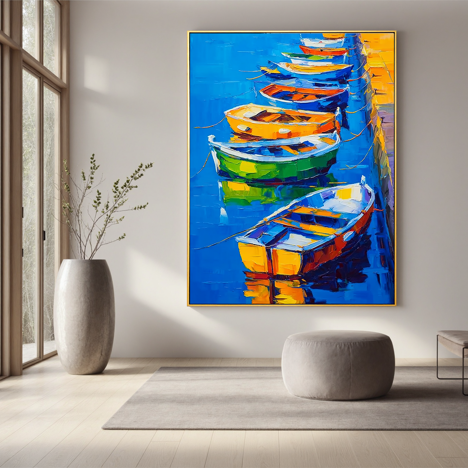 Colorful Boat Oil Painting, Blue Harbor Coastal Wall Art for Living Room Decor#OA 0574