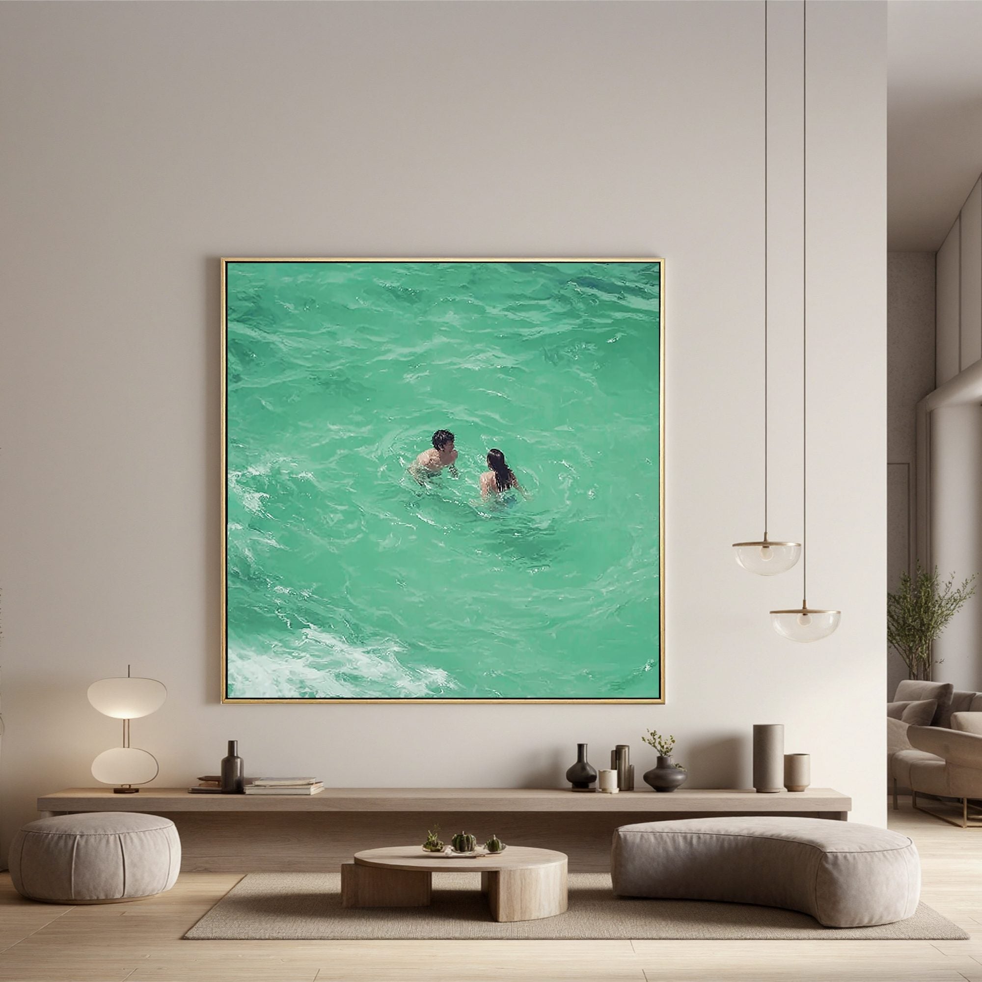 Romantic Couple Swimming in Turquoise Ocean Oil Painting | Coastal Wall Art for Modern Living Room #OA 0426