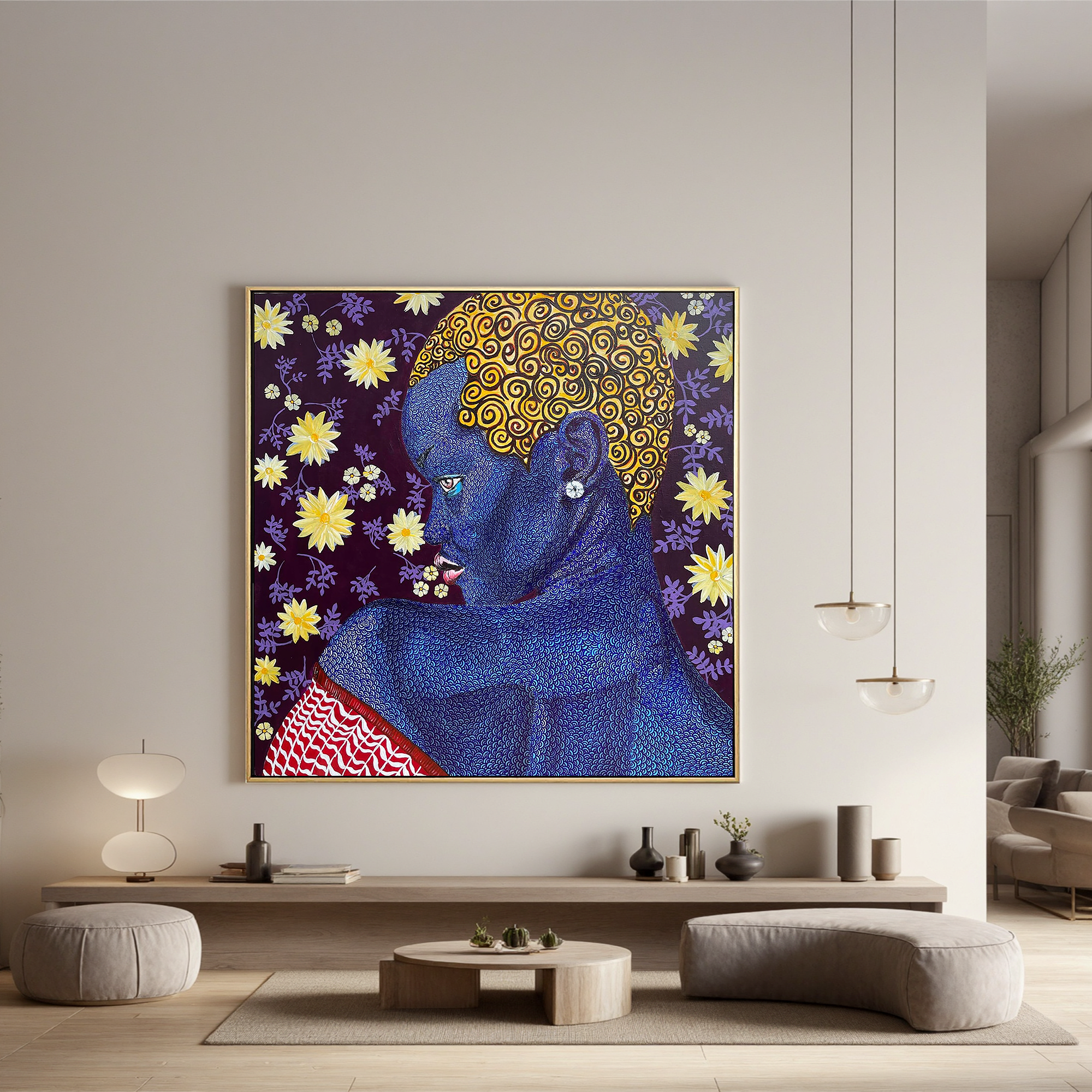Blue Woman Portrait Oil Painting, African Inspired Figurative Wall Art for Living Room Decor#OA 0610