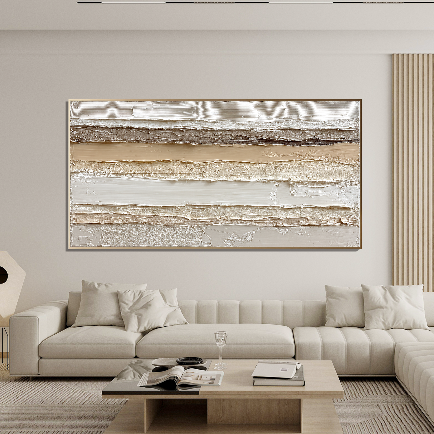 Large Horizontal Neutral Textured Wall Art – Beige Minimalist Abstract Canvas for Modern Living Room Decor#OA 0823