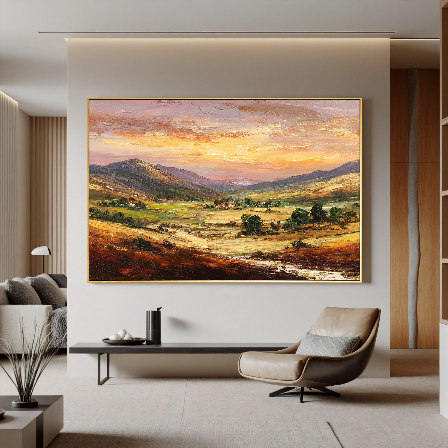 Large Sunset Mountain Landscape Canvas Wall Art – Warm Valley Oil Painting for Living Room Decor#OA 0885