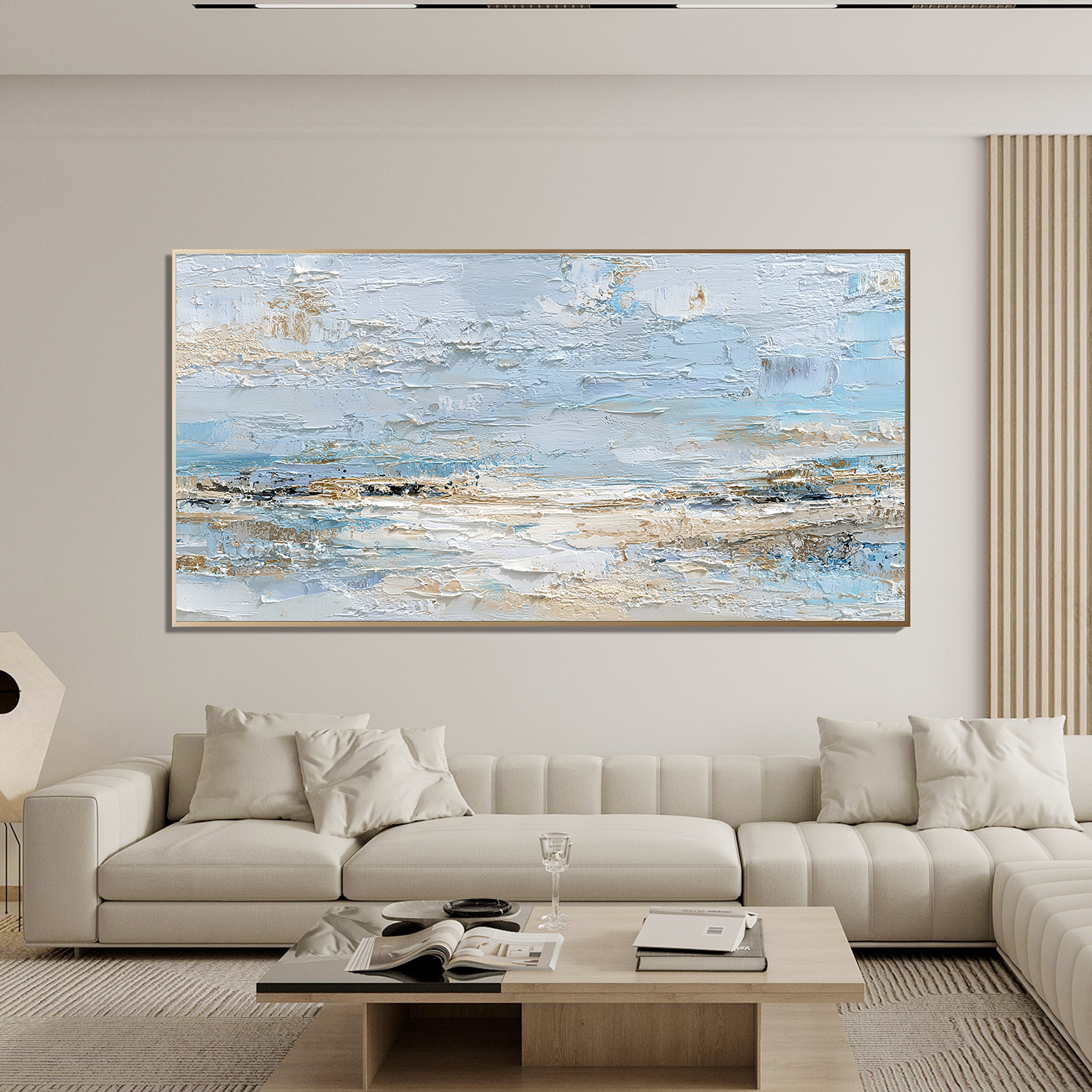 Large Abstract Coastal Canvas Wall Art – Soft Blue & Neutral Seascape Painting for Modern Living Room Decor#OA 0842