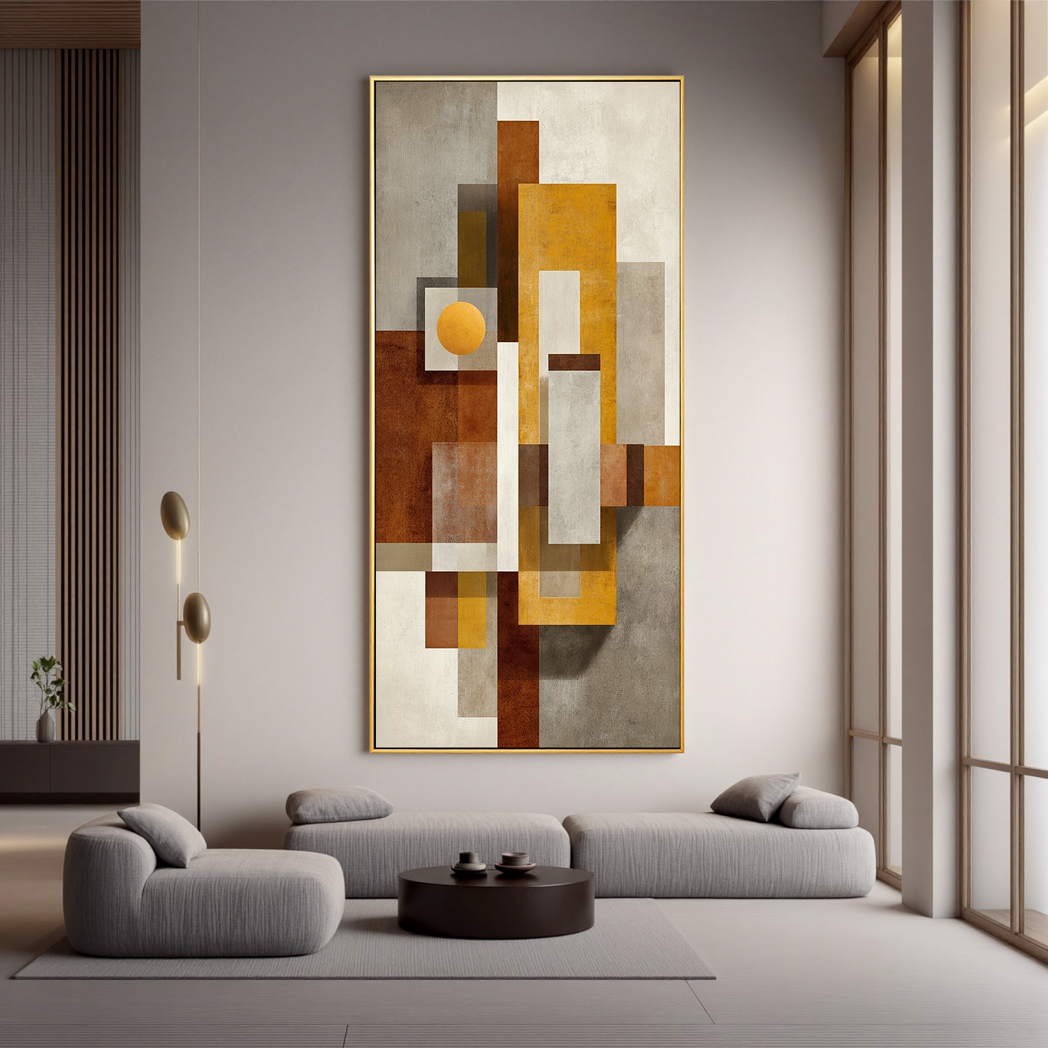 Mid Century Modern Geometric Abstract Canvas Wall Art – Vertical Neutral Beige Mustard Yellow Painting for Entryway Living Room Decor#OA 0867